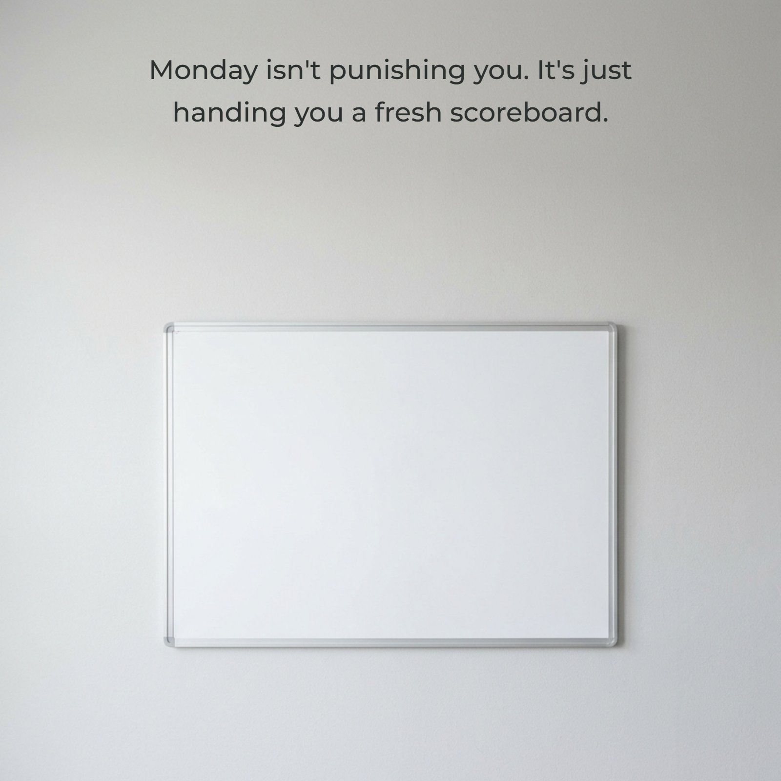 A clean, blank whiteboard centered on a light-colored wall, featuring the handwritten quote: Monday isn't punishing you. It's just handing you a fresh scoreboard.
