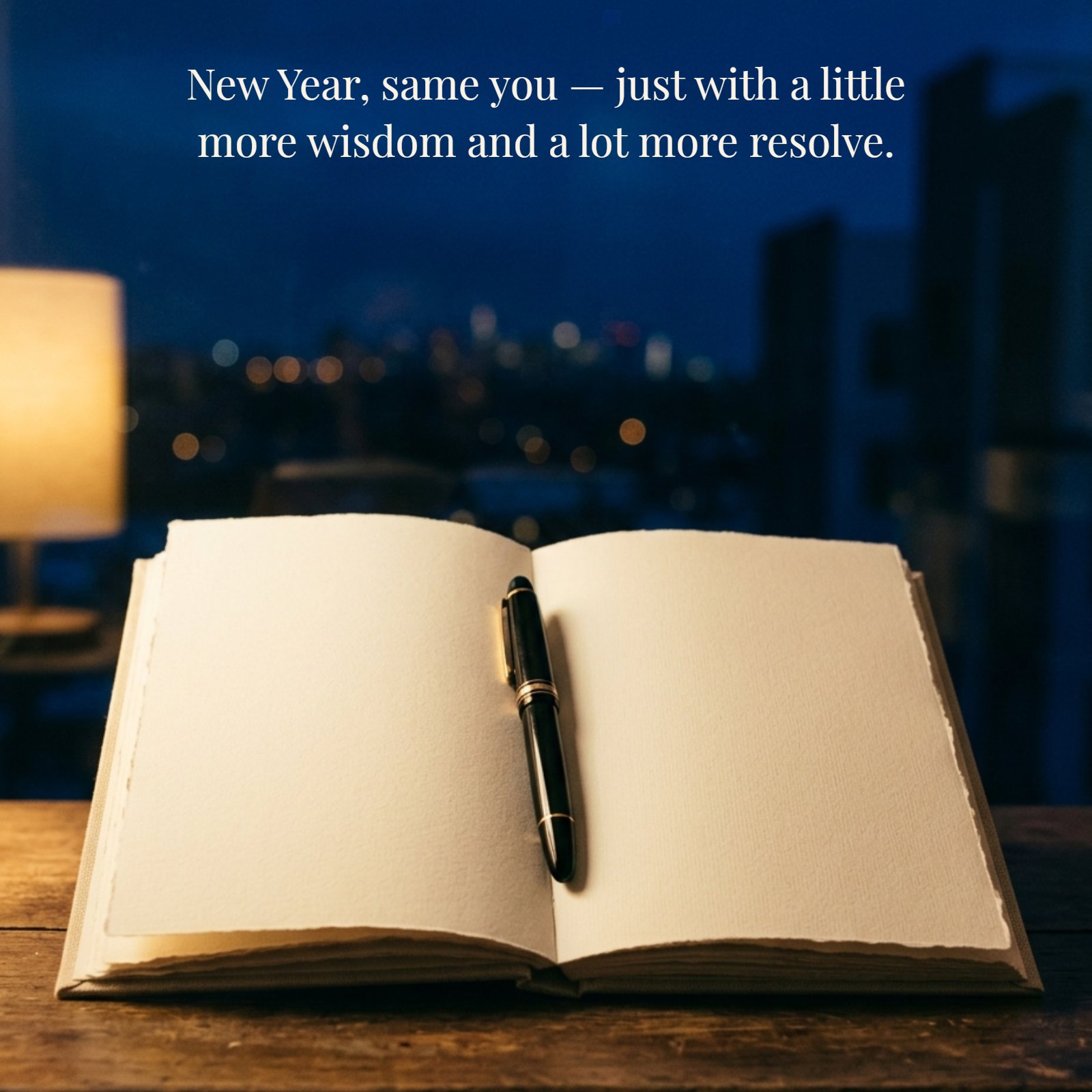 A minimalist photo of an open journal with blank textured pages and a black fountain pen resting on the spine, all illuminated by warm, golden lamp light against a blurred, deep blue night-time city background.