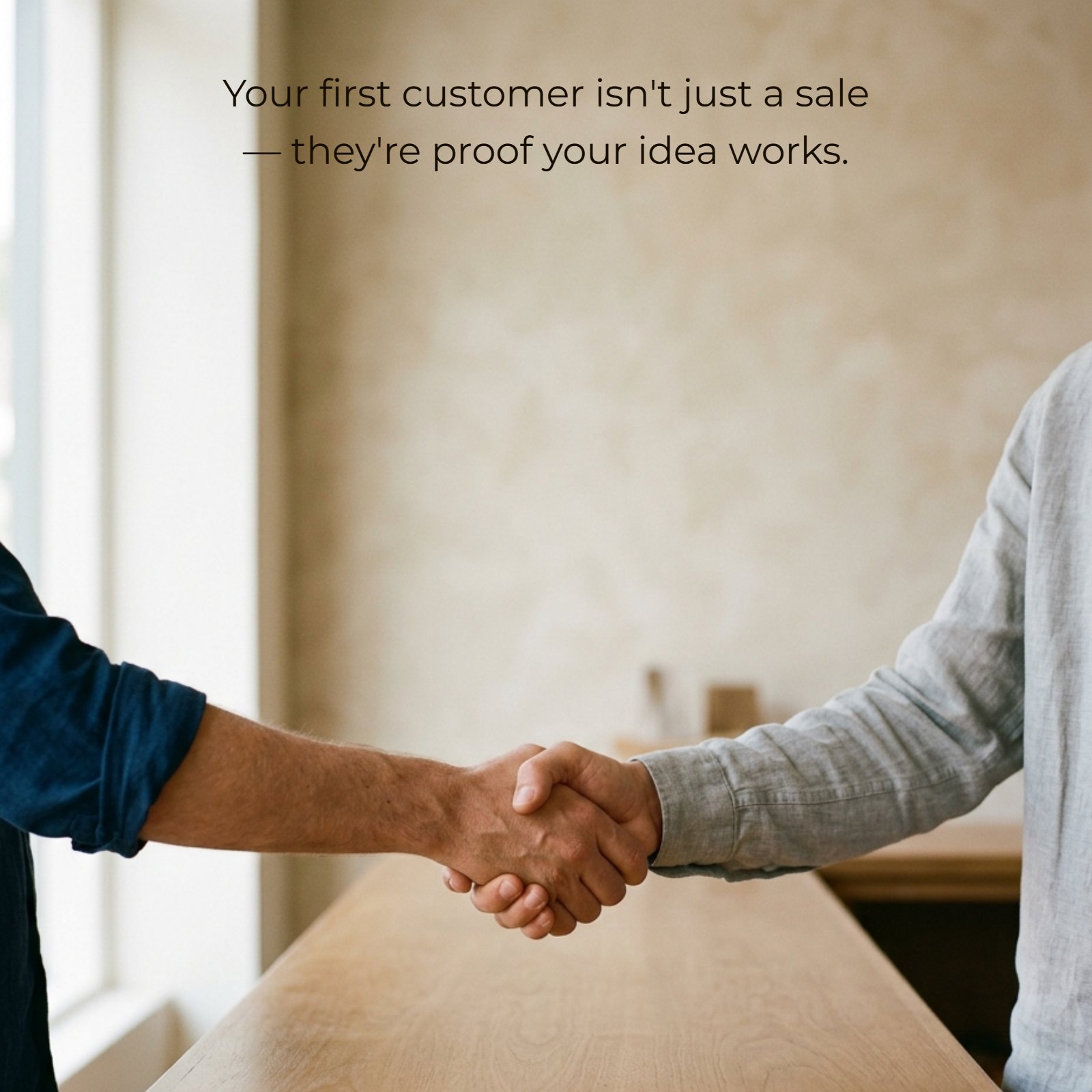 Minimalist 1:1 photo of two hands shaking above a plain wooden counter, representing a first customer sale. The quote Your first customer isn't just a sale — they're proof your idea works. is written in white text in the clear negative space above the hands.