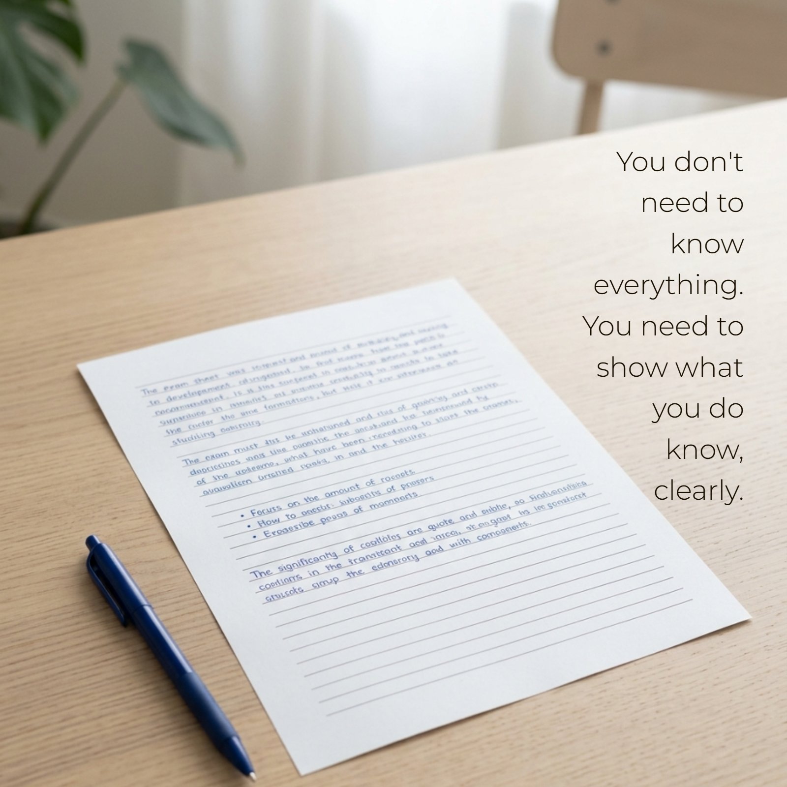 Minimalist overhead photo of a handwritten exam answer sheet on a light wood desk, next to a blue pen and a small green plant. The scene is lit by soft window light.