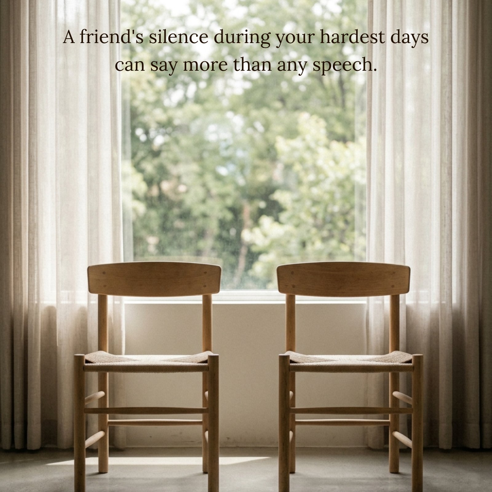 A minimalist image features two plain chairs facing a window, overlaid with the text of the quote: “A friend’s silence during your hardest days can say more than any speech.”