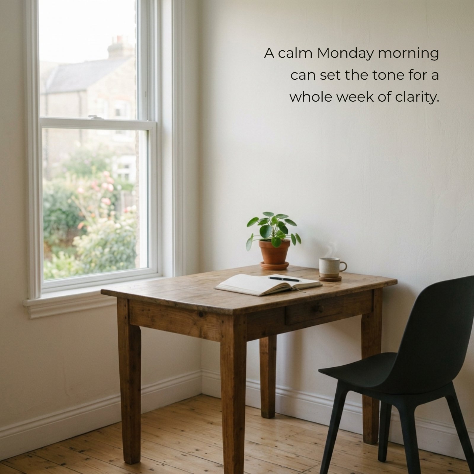 Minimalist 1:1 photograph of a single quiet wooden desk next to a window with soft morning light, featuring the quote 'A calm Monday morning can set the tone for a whole week of clarity' in clean typography.