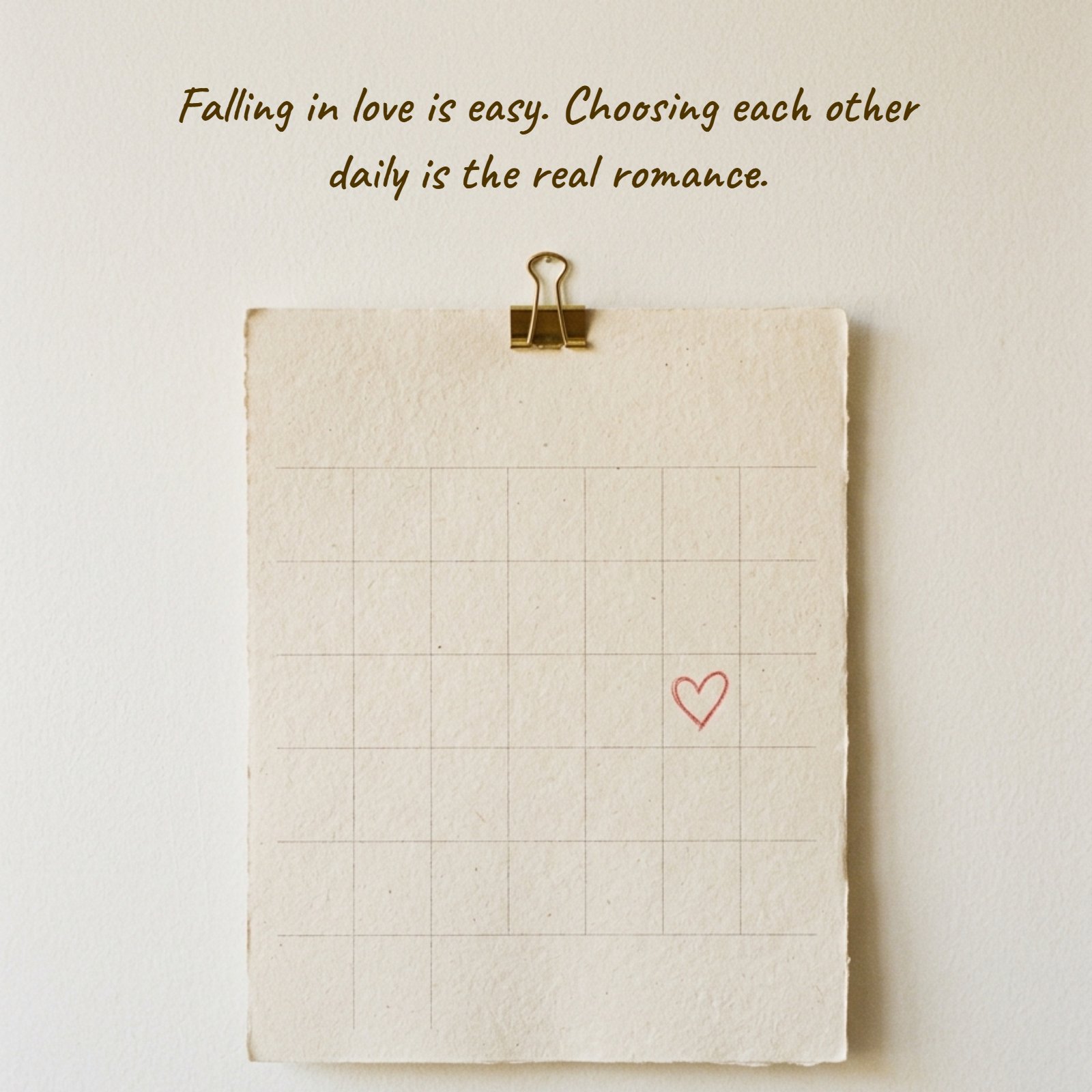 A minimalist photo of a vintage-style blank calendar page hanging on a plain wall, featuring the handwritten quote: "Falling in love is easy. Choosing each other daily is the real romance." and a small red heart drawing.