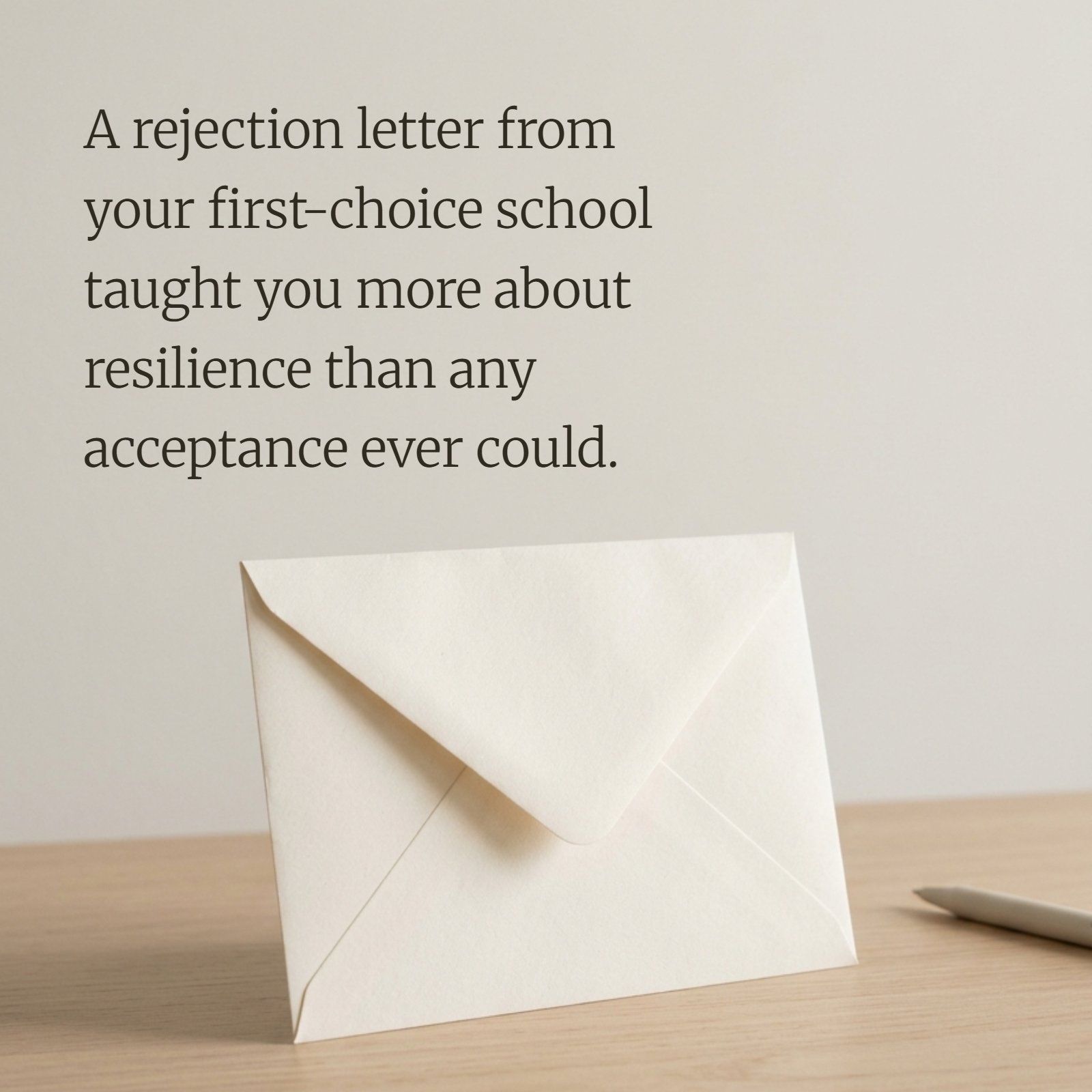 A minimalist vertical photo of a cream envelope on a wooden desk. Overlaying the image is the quote: “A rejection letter from your first-choice school taught you more about resilience than any acceptance ever could.”