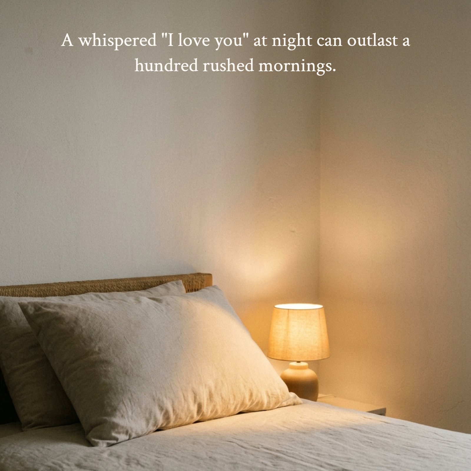 Minimalist 1:1 photo of a single soft pillow with warm dim lamp light beside it in a plain neutral room, with the quote text on it "A whispered "I love you" at night can outlast a hundred rushed mornings."