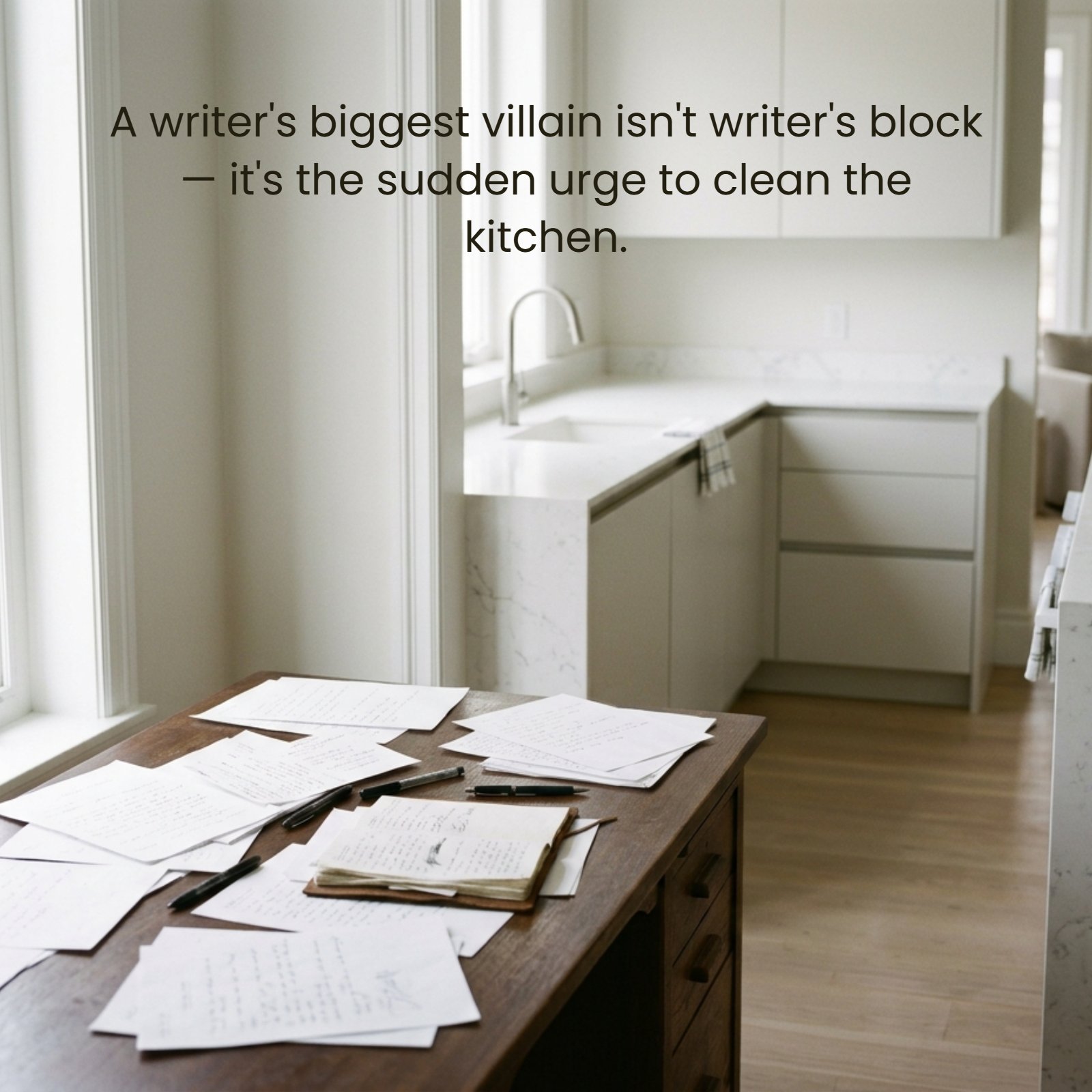 A minimalist photograph with a messy, cluttered desk full of scattered papers in the foreground contrasting against a perfectly clean and spotless white kitchen counter in the background, all bathed in soft, neutral light. The funny quote about writer's block and the urge to clean is overlaid in simple, elegant typography.