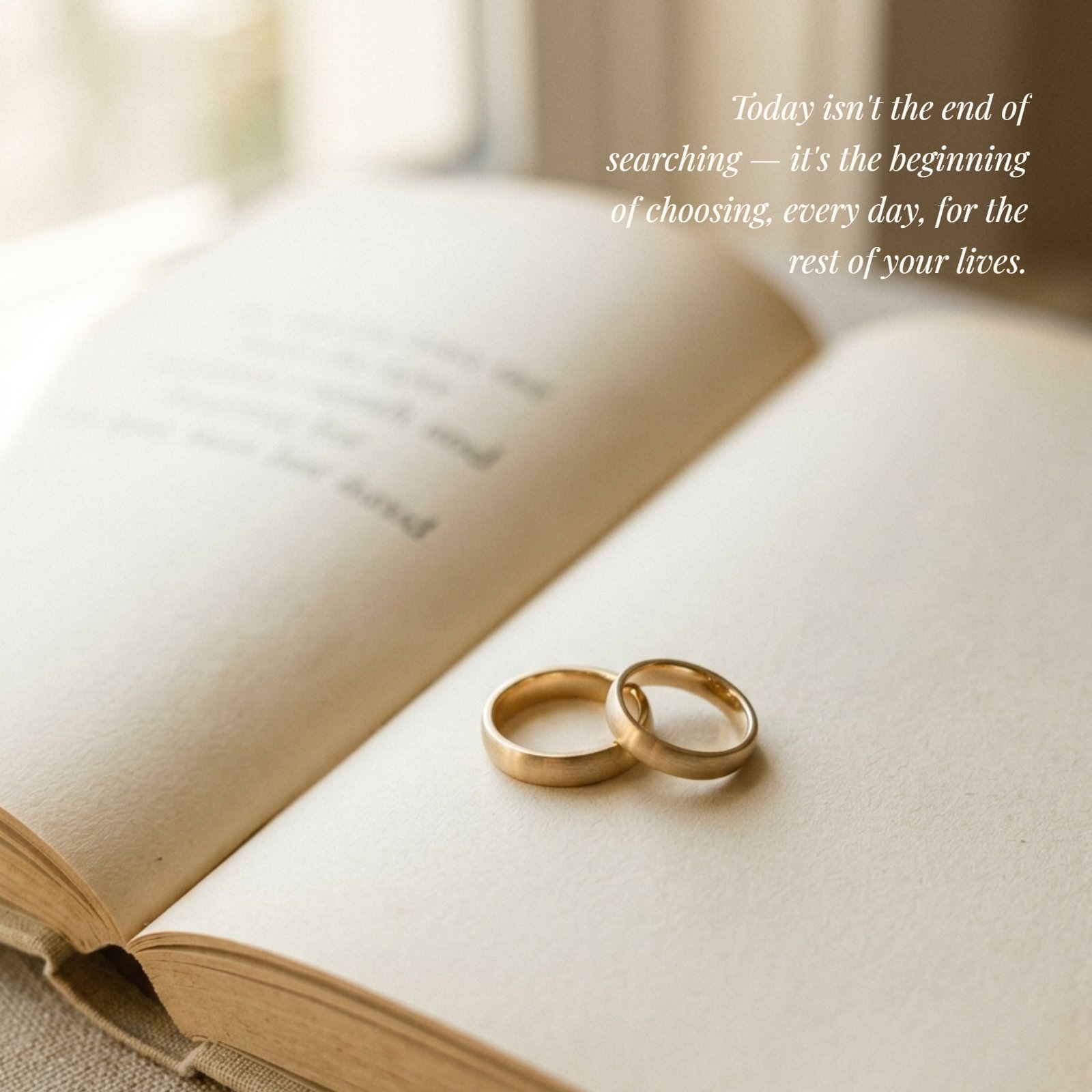Minimalist 1:1 photograph featuring two plain wedding bands resting on the open page of a vintage book under soft warm light, with the text overlay of the quote “Today isn't the end of searching — it's the beginning of choosing, every day, for the rest of your lives.” placed in the clean negative space.