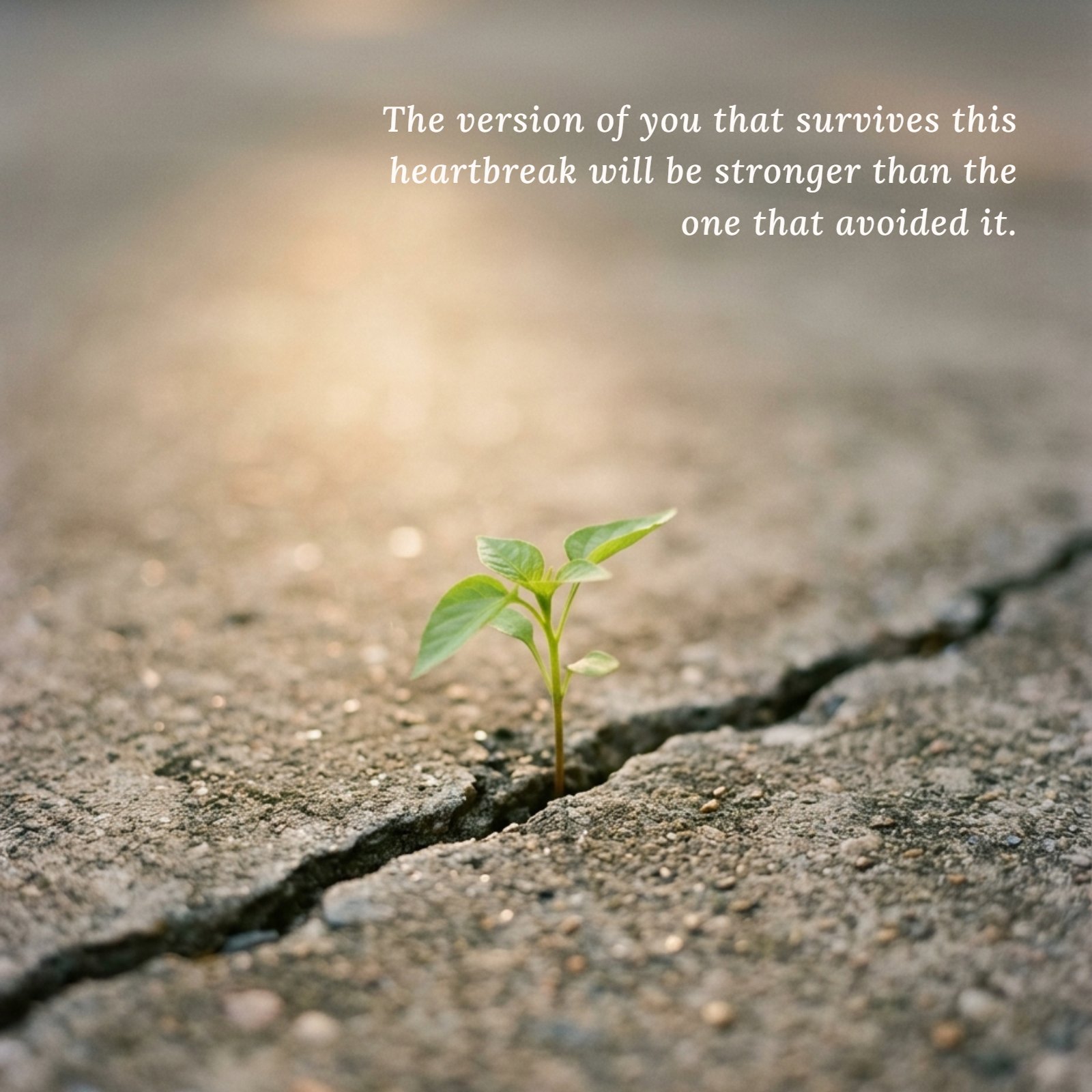 A high-resolution photo of a small, resilient plant growing from a crack in concrete with warm lighting, featuring the quote "The version of you that survives this heartbreak will be stronger than the one that avoided it."