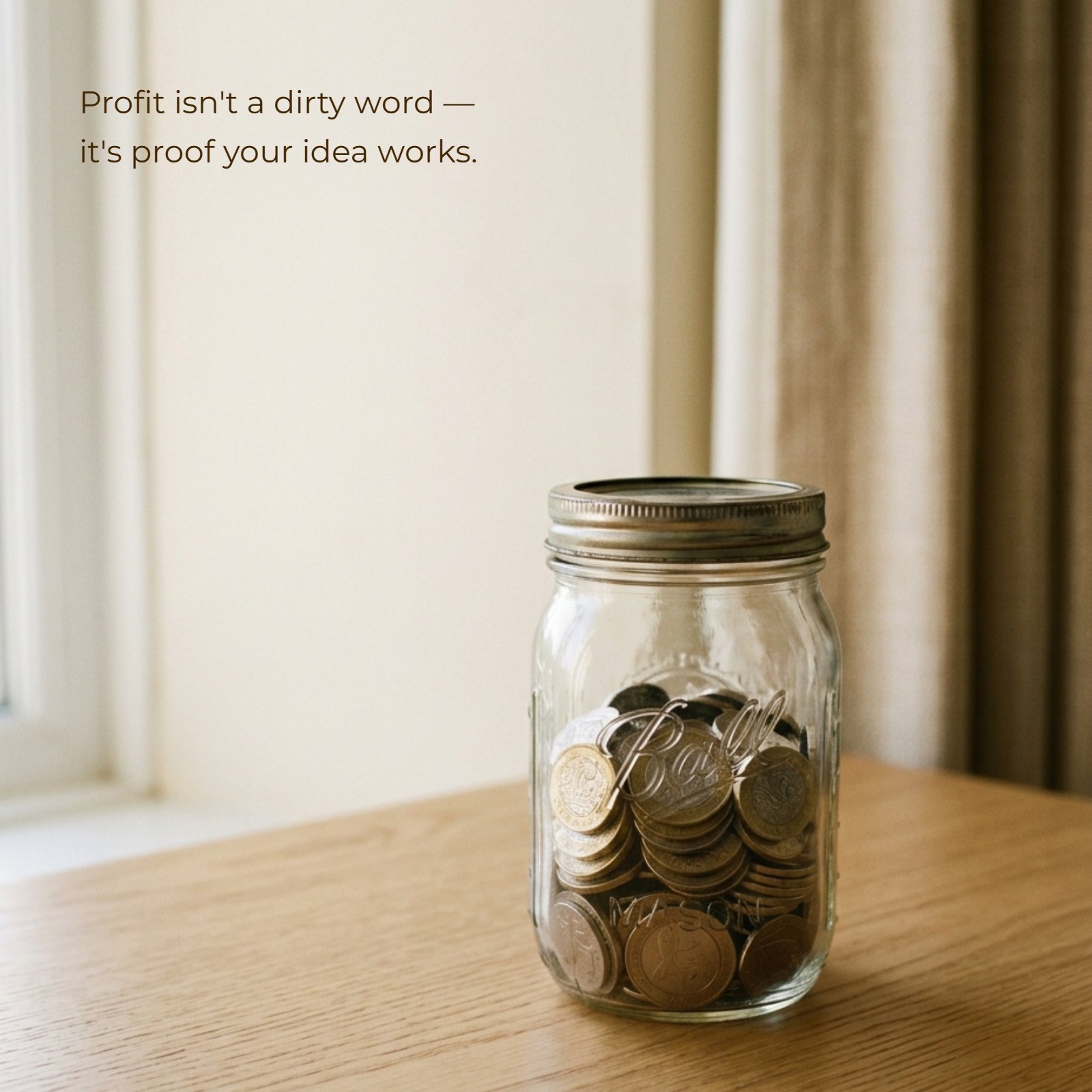 Minimalist 1:1 photo of a glass jar filled with coins on a plain neutral desk, with soft warm light. Space on the image will contain the text: “Profit isn’t a dirty word — it’s proof your idea works.”