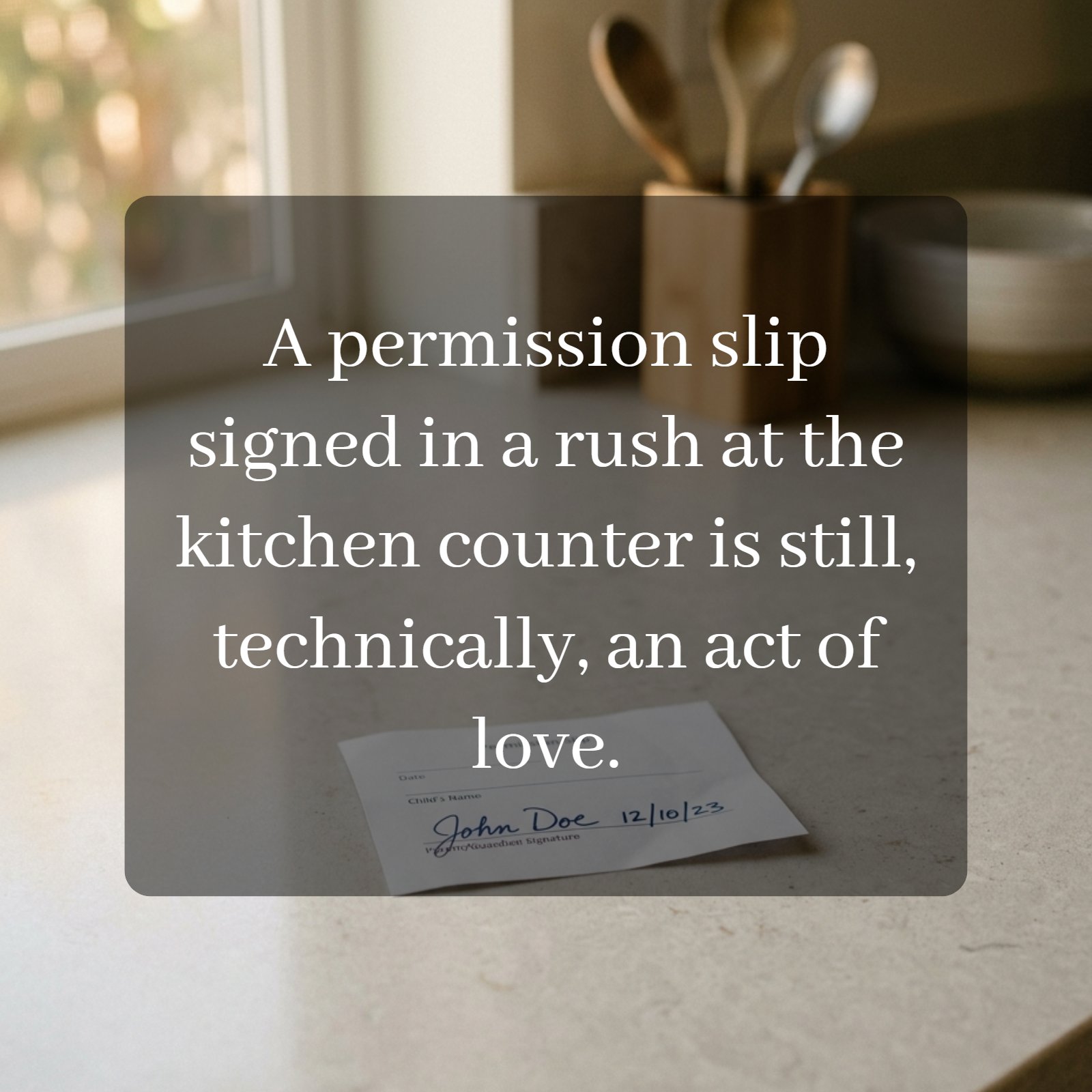 A signed permission slip sits on a light kitchen counter next to cooking spoons, featuring a quote about rushing and acts of love.
