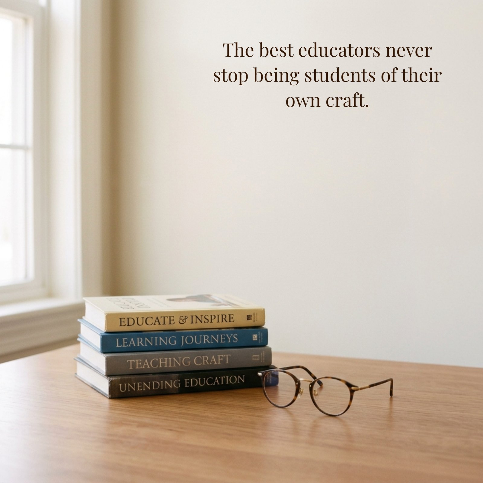 A 1:1 minimalist photo featuring a stack of four books on a wooden desk next to tortoiseshell reading glasses. Above the stack, in clean, warm negative space, the quote is written: 'The best educators never stop being students of their own craft.' The lighting is soft and natural from a window.