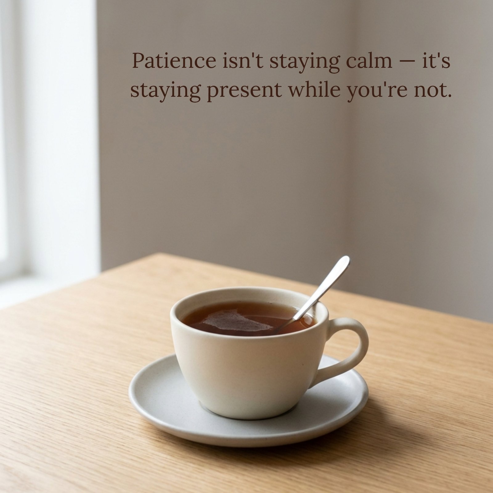 A minimalist photo showing a beige ceramic cup on a saucer with a spoon on a light wooden table. The quote "Patience isn't staying calm — it's staying present while you're not" is written in elegant font above the cup.