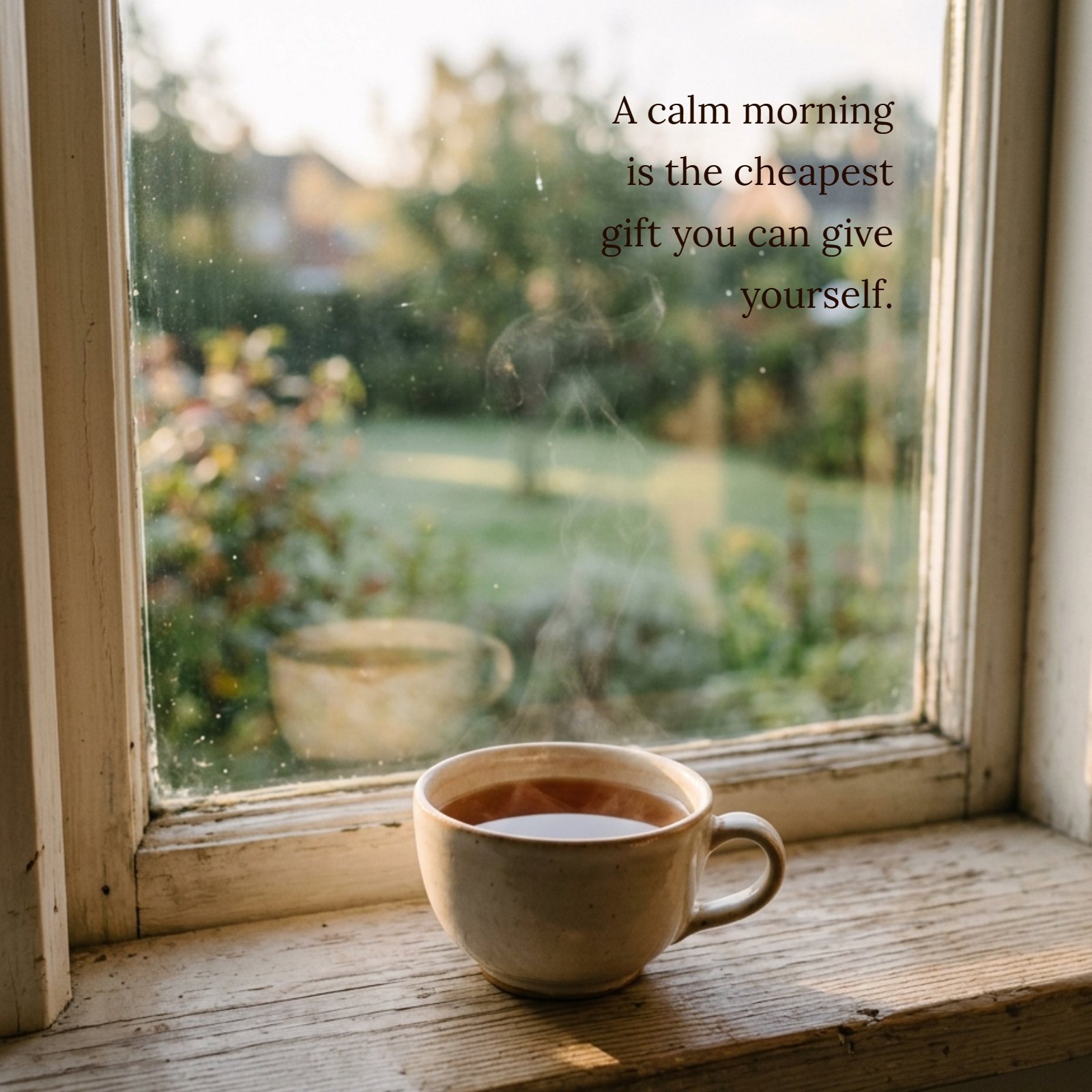 Minimalist vertical photograph of a steaming ceramic teacup resting on a simple windowsill, illuminated by soft morning light.
