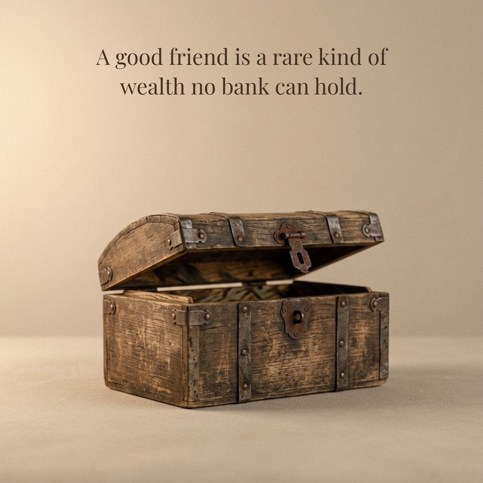 An image featuring a vintage wooden treasure chest, slightly open, on a minimalist background with the quote "A good friend is a rare kind of wealth no bank can hold."