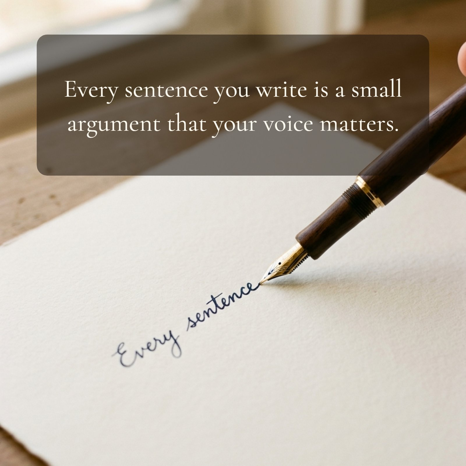 A wooden fountain pen resting on cream-colored textured paper, which has the motivational quote for writers: Every sentence you write is a small argument that your voice matters.