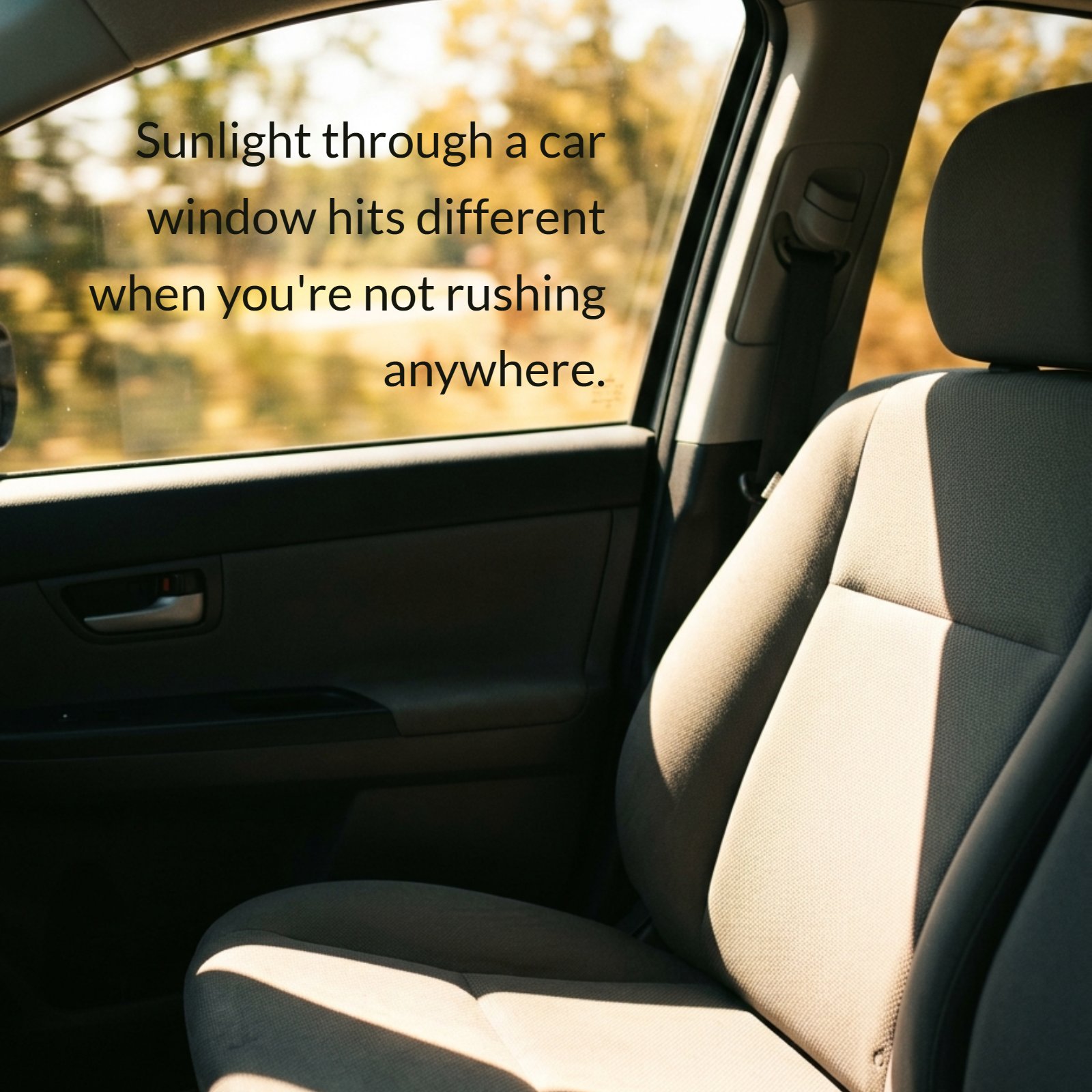 A minimalist photo of bright sunlight streaming through a car window onto a plain empty seat, with blurred golden scenery visible outside, featuring the handwritten-style text of the happiness quote: 'Sunlight through a car window hits different when you're not rushing anywhere.'