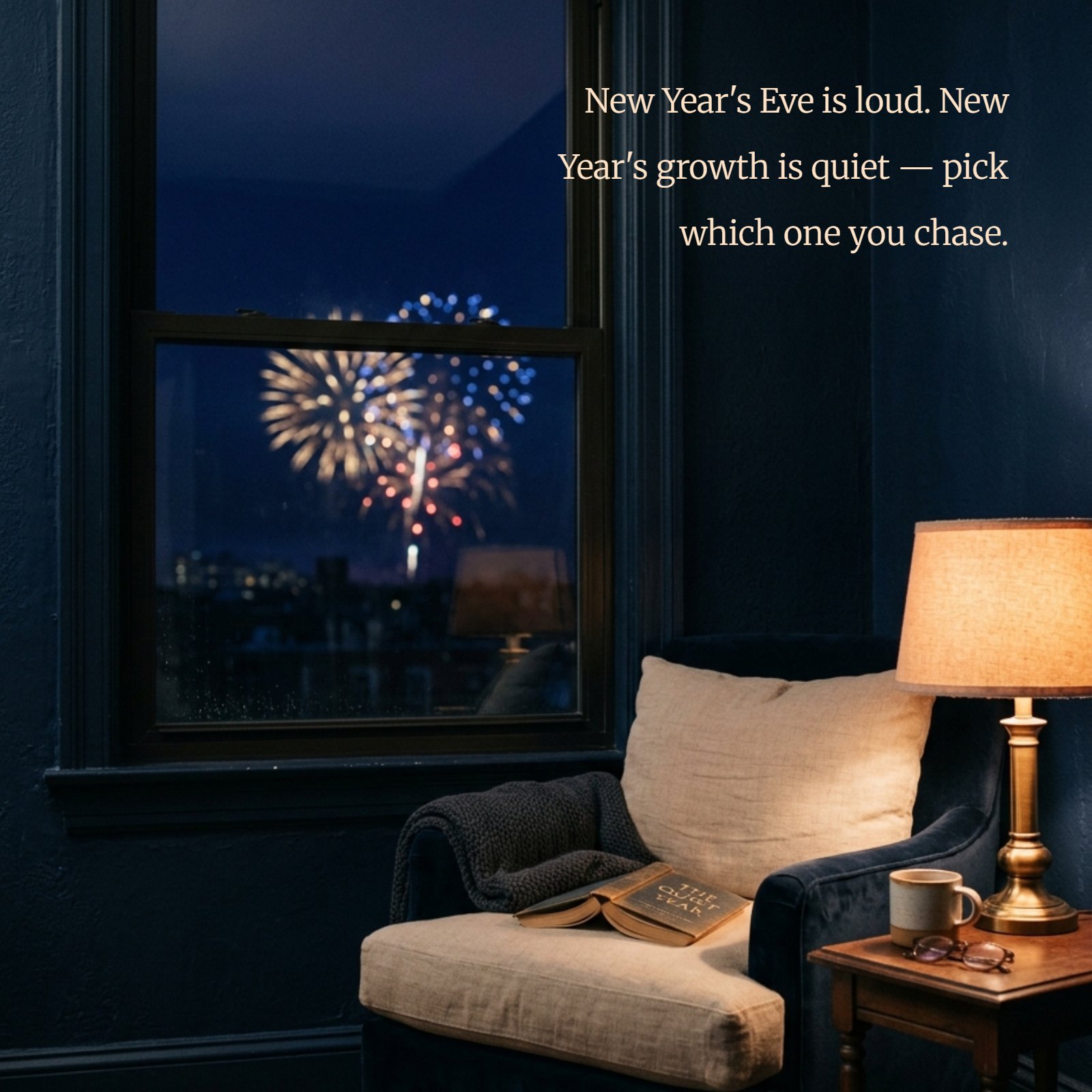 A cozy reading nook with an armchair and warm lamp by a dark blue window. Inside, an open book rests on the chair. Outside the window, distant fireworks are softly blurred. The New Year quote "New Year's Eve is loud. New Year's growth is quiet — pick which one you chase." is written clearly on the image.