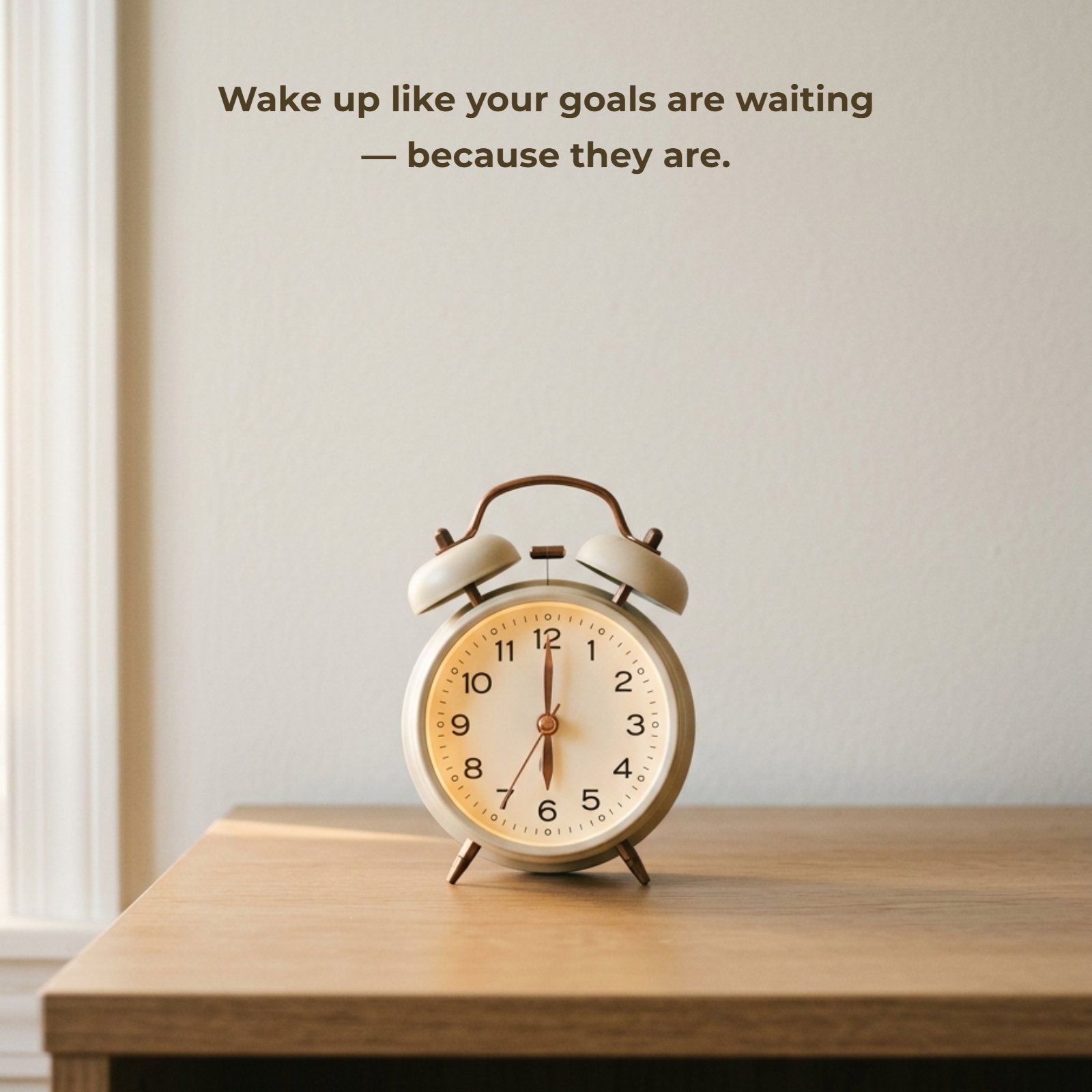 A minimalistic portrait photograph captures a vintage alarm clock on a wooden nightstand, surrounded by bright, morning light. Text overlay reads: Wake up like your goals are waiting — because they are.