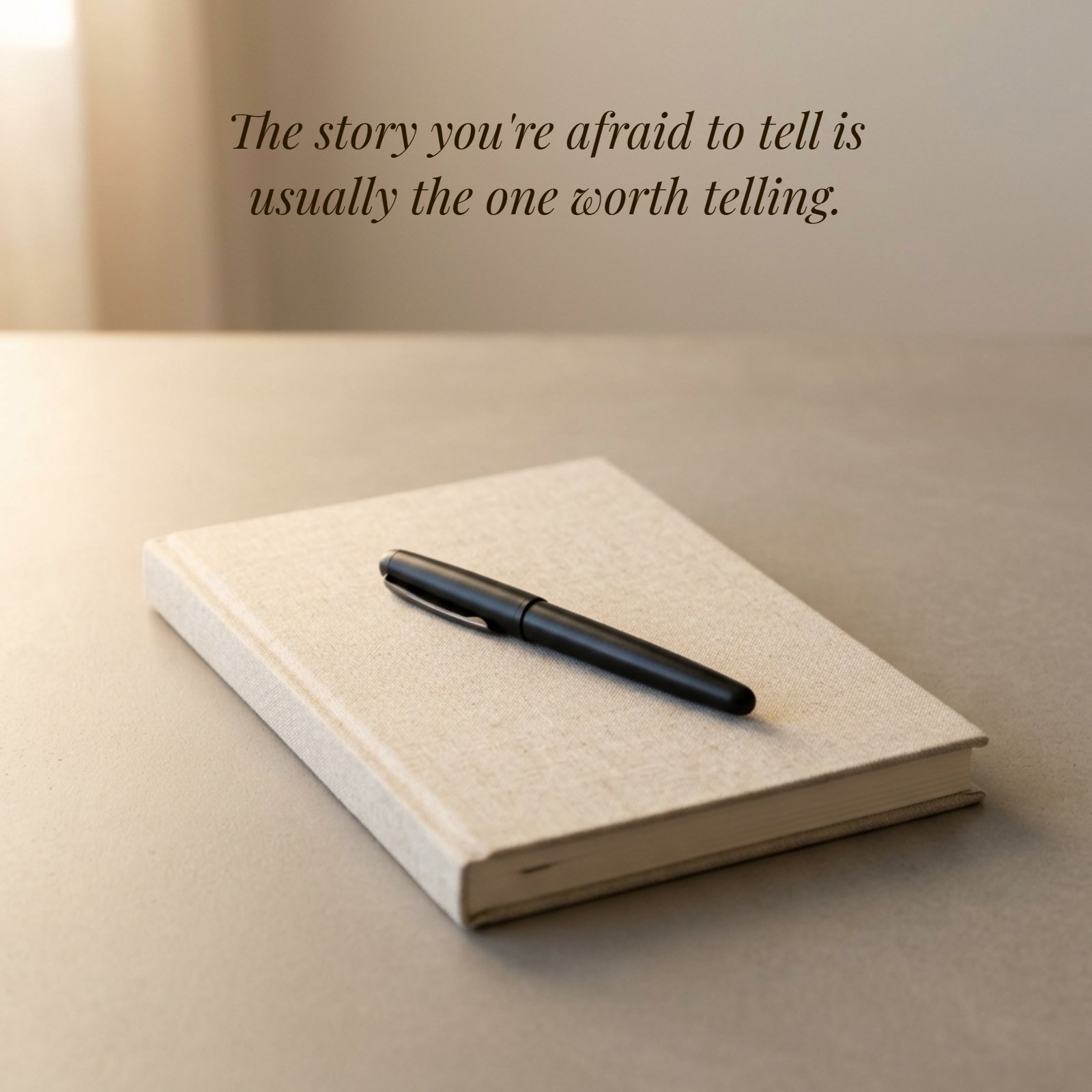 A minimalist 1:1 photograph featuring a single closed oatmeal-colored linen journal on a warm neutral surface with a black pen resting on top, illuminated by soft side light. Overlayed on the image is the deep, inspirational writing quote: "The story you're afraid to tell is usually the one worth telling."