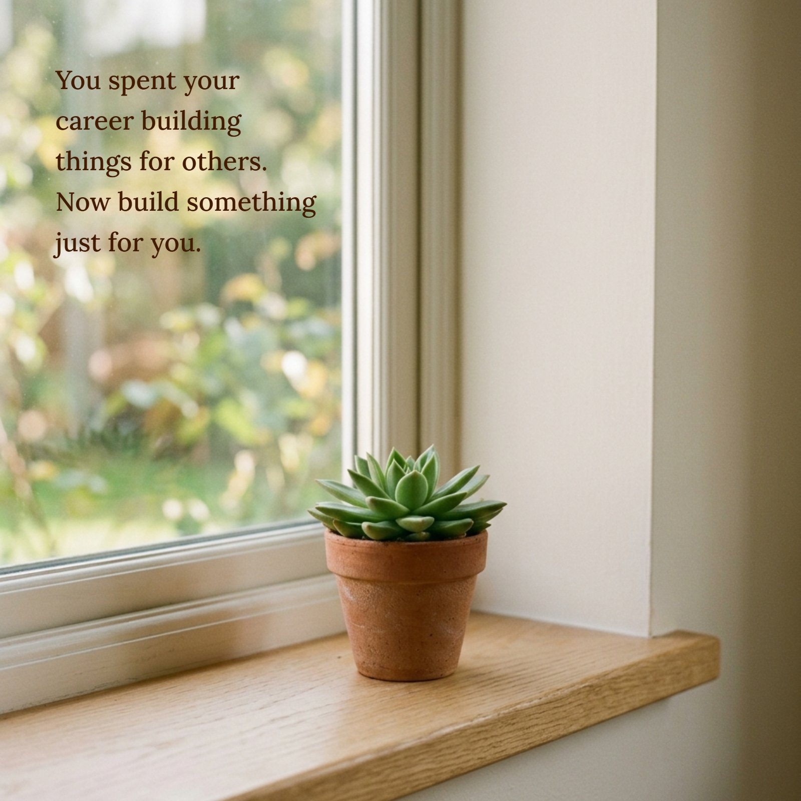 Minimalist vertical photo of a small succulent in a terracotta pot on a sunlit wooden windowsill, accompanied by the quote, "You spent your career building things for others. Now build something just for you."