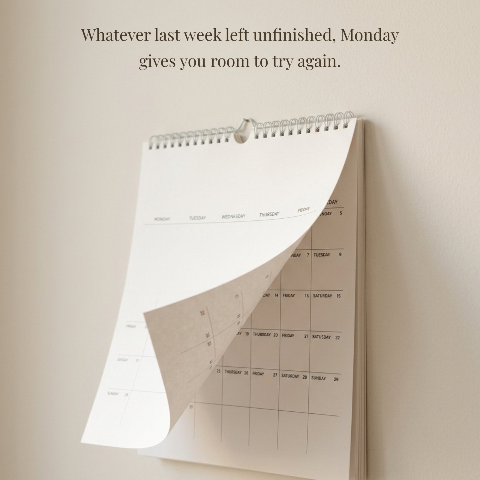A minimalist 1:1 photograph of a spiral-bound wall calendar against a plain neutral background. The top page is captured mid-turn by soft, warm light, revealing the clean page underneath. Hand-lettered in elegant font on the plain background below the calendar is the quote, 'Whatever last week left unfinished, Monday gives you room to try again.'
