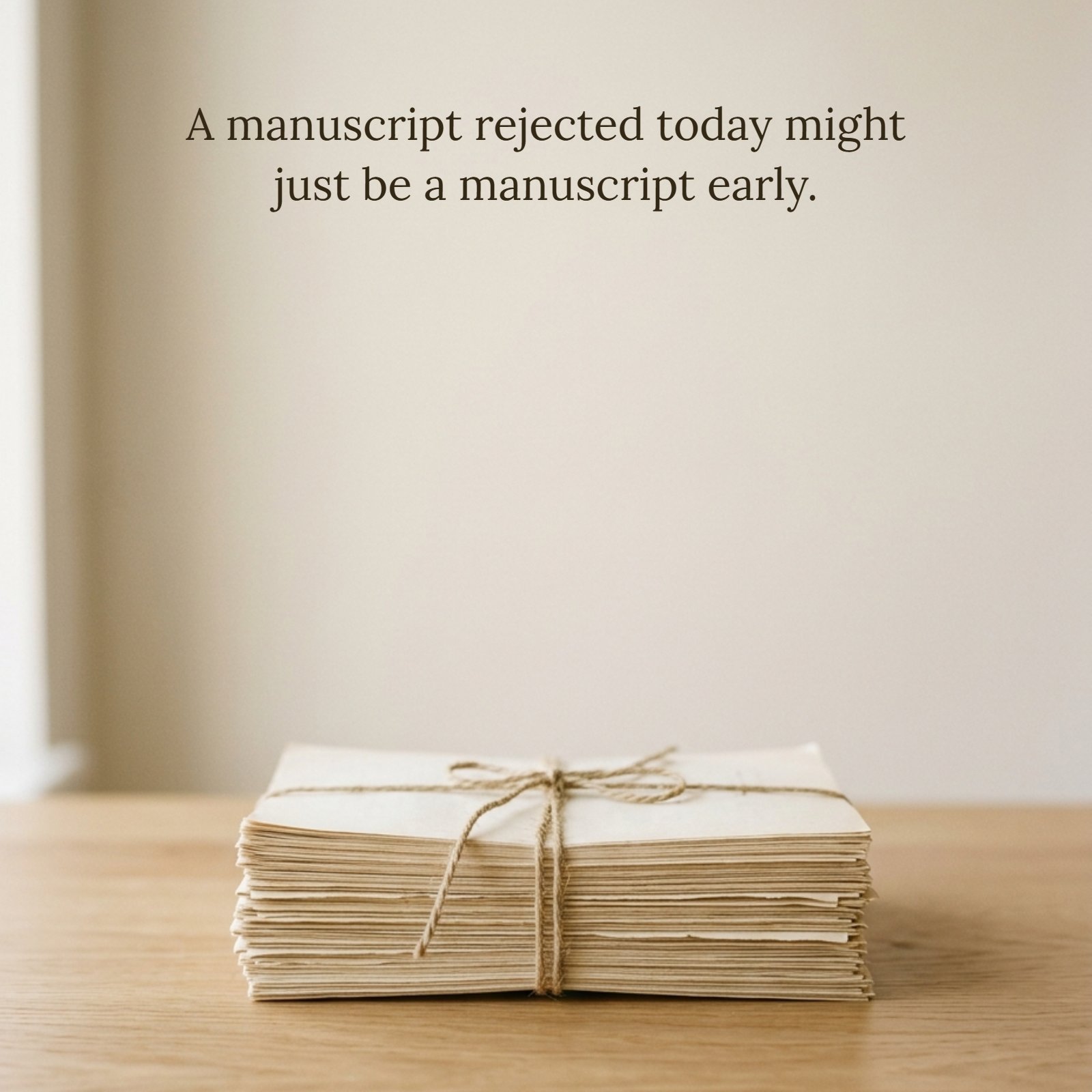 A minimalist photo of a single stack of papers tied with string on a plain desk with soft neutral light, clean negative space. Text overlay says, "A manuscript rejected today might just be a manuscript early."