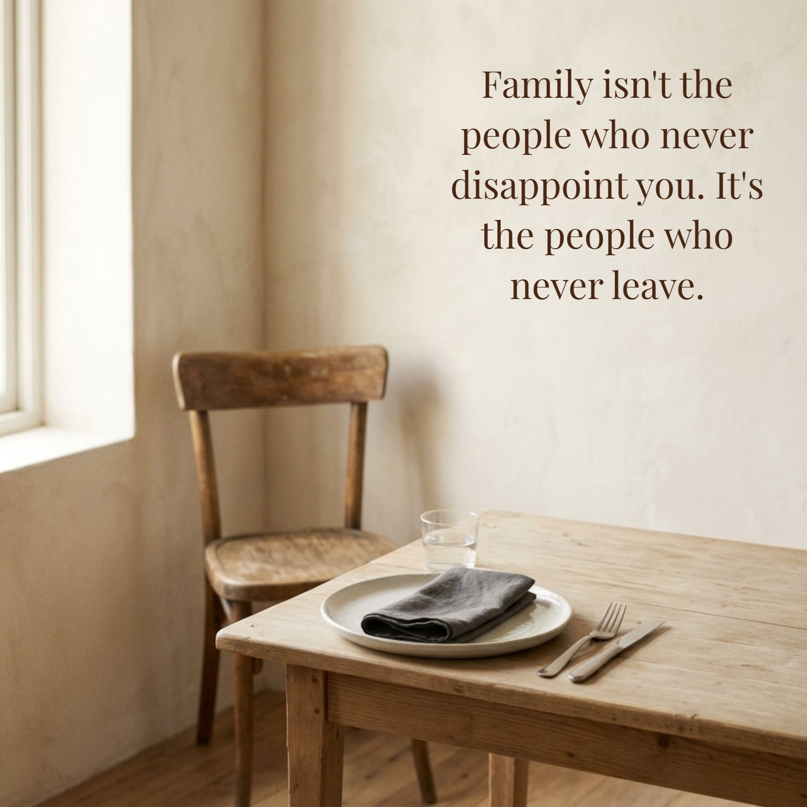 Minimalist photo of a simple dinner table setting with plain ceramics, linen, and soft light, featuring the text "Family isn't the people who never disappoint you. It's the people who never leave."