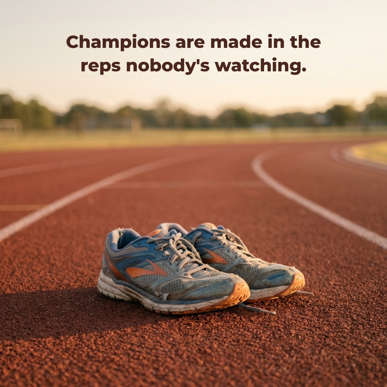 A minimalist vertical photo of worn-out running shoes on an empty running track in soft morning light, featuring the quote "Champions are made in the reps nobody's watching."