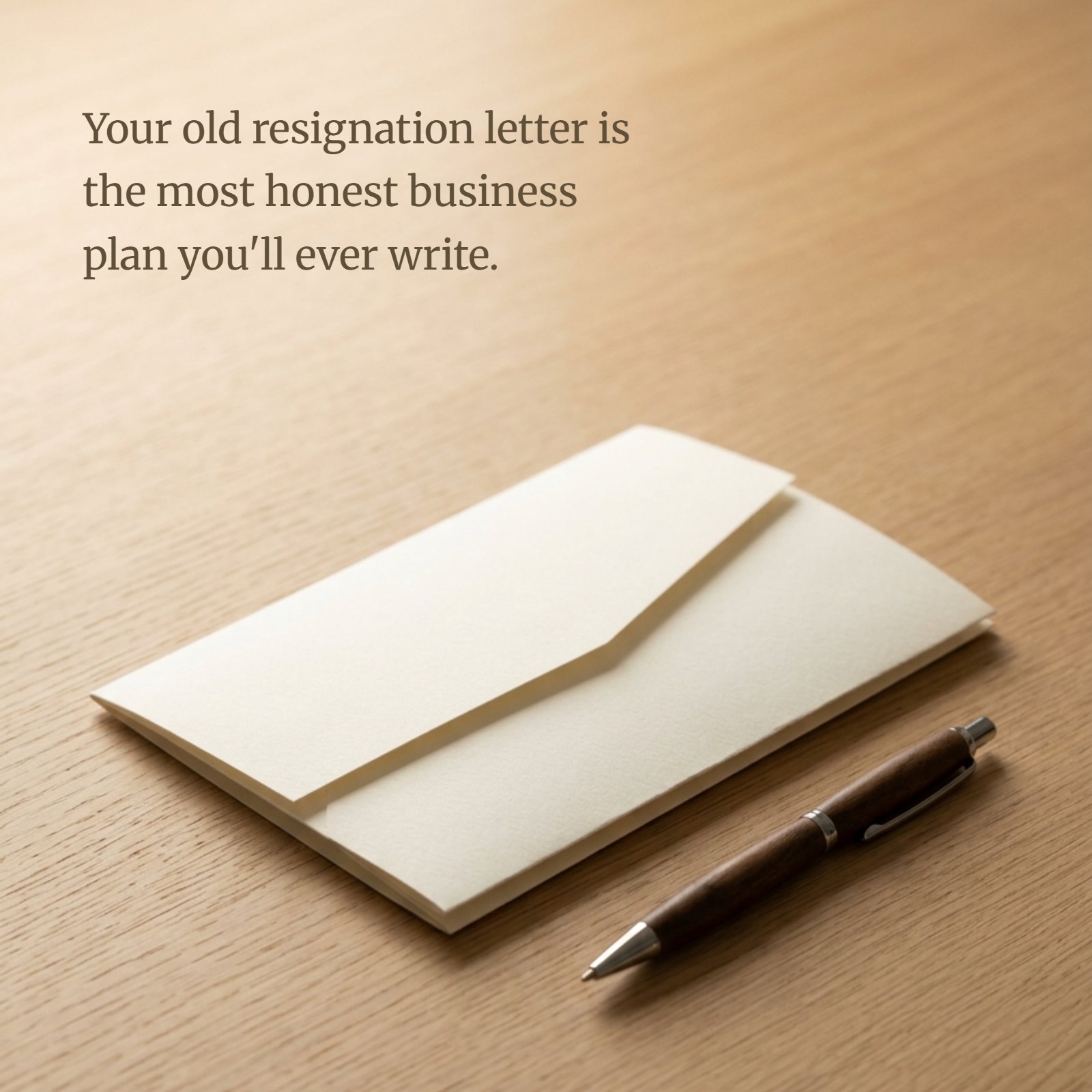 Minimalist 1:1 image of a folded letter and pen on a plain desk under warm light, featuring the quote text “Your old resignation letter is the most honest business plan you'll ever write.” for entrepreneurial inspiration.