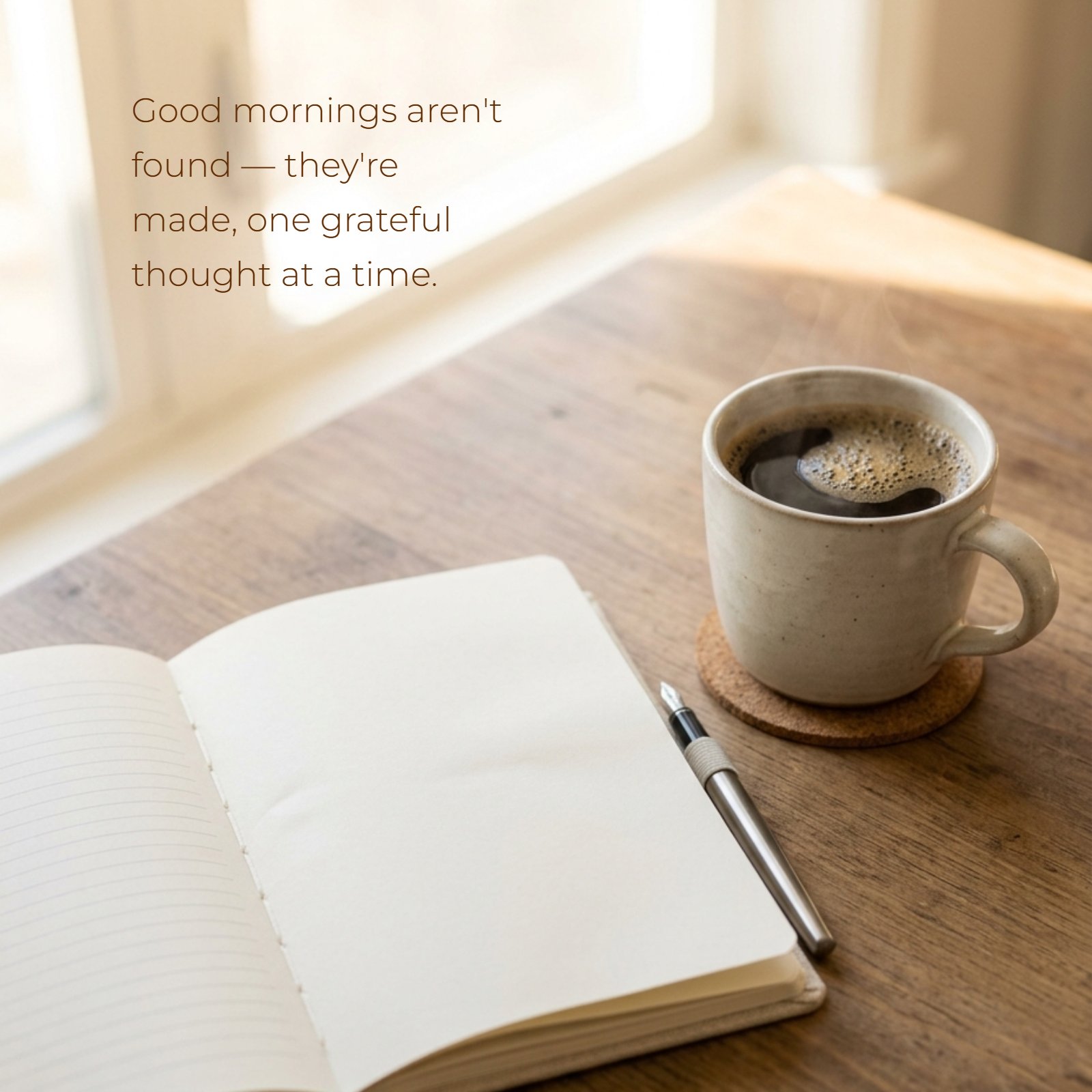 Minimalist image featuring a steaming cup of coffee next to an open journal. Soft morning light fills the background.