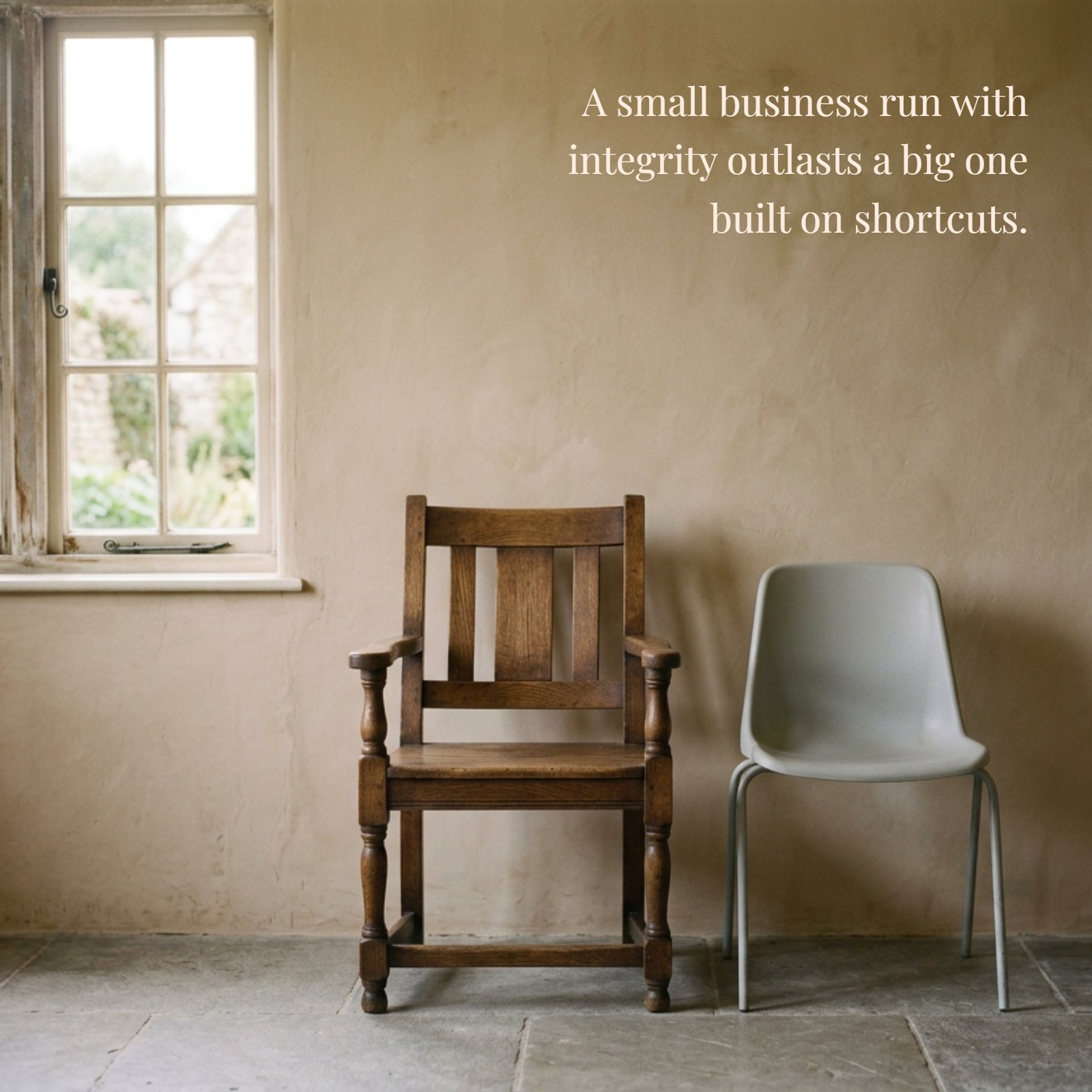 A photo illustrating the quote 'A small business run with integrity outlasts a big one built on shortcuts.' showing a solid, artisanal wooden armchair next to a flimsy, mass-produced grey plastic chair against a warm plaster wall.
