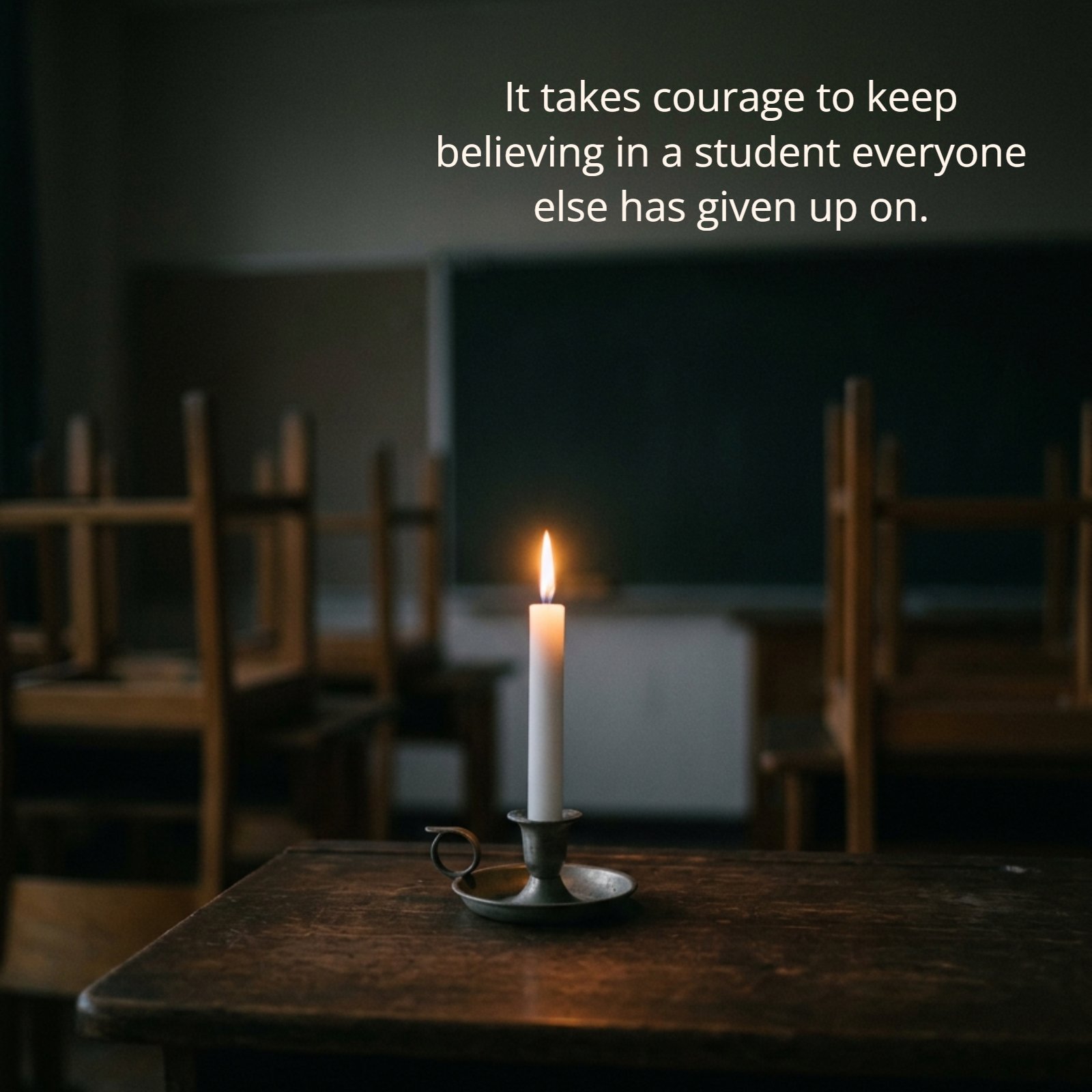 A minimalist photo of a lit candle in a plain dim classroom with the quote "It takes courage to keep believing in a student everyone else has given up on." on it.
