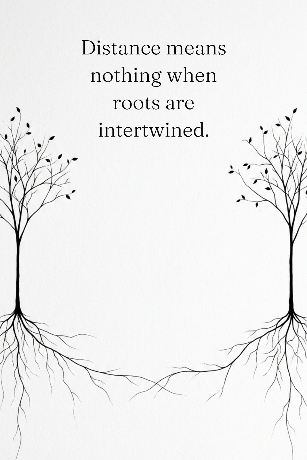 Minimalist image of two slender trees on opposite sides of a vast white background, their delicate roots reaching and touching in the center, symbolizing deep connection.
