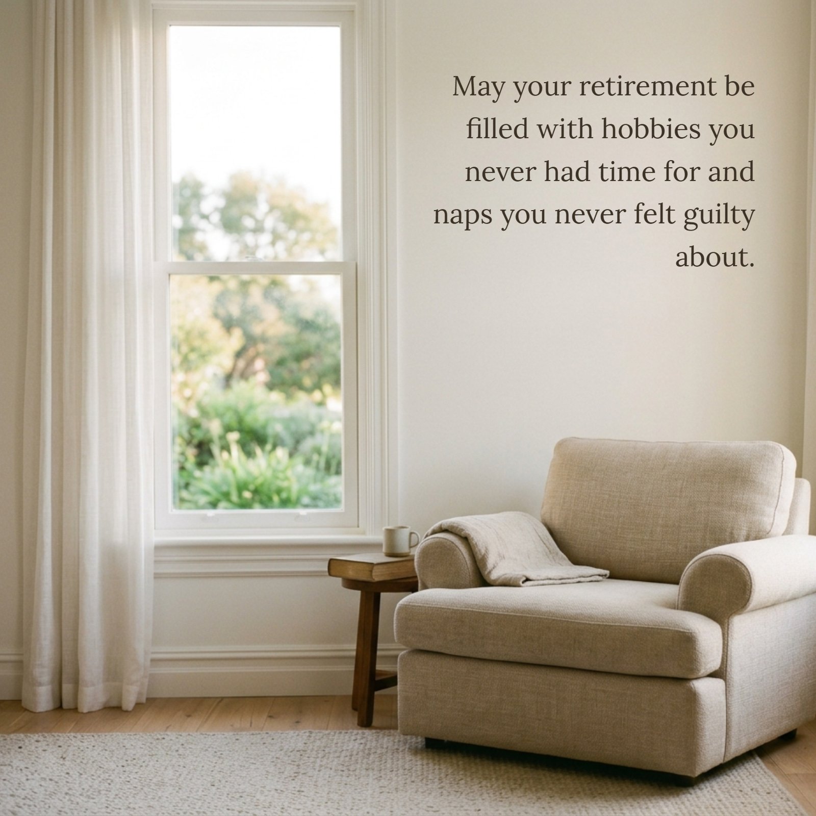 A soft, minimalist photo of a beige armchair by a sunny window with the quote, "May your retirement be filled with hobbies you never had time for and naps you never felt guilty about."