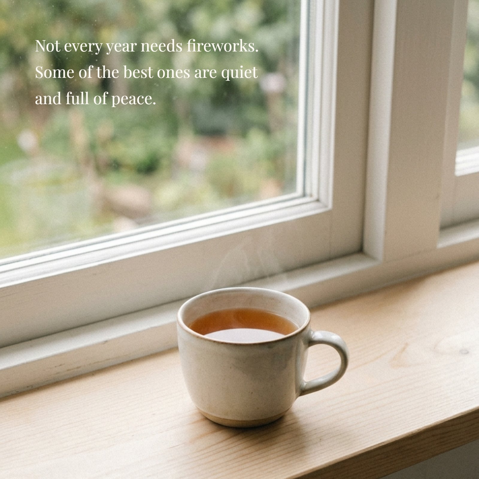 A minimalist photo on a sunny windowsill features a single warm cup of tea and the quote: Not every year needs fireworks. Some of the best ones are quiet and full of peace.