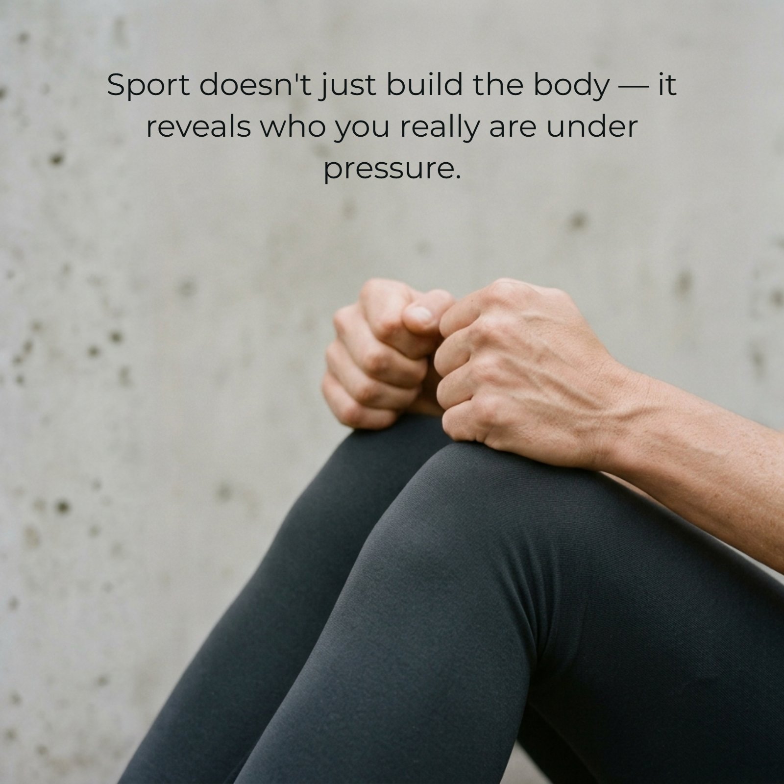 A 1:1 minimalist photo of an athlete's clenched hands resting on their bent knees. White sans-serif text in the Montserrat font reads the quote: “Sport doesn't just build the body — it reveals who you really are under pressure."