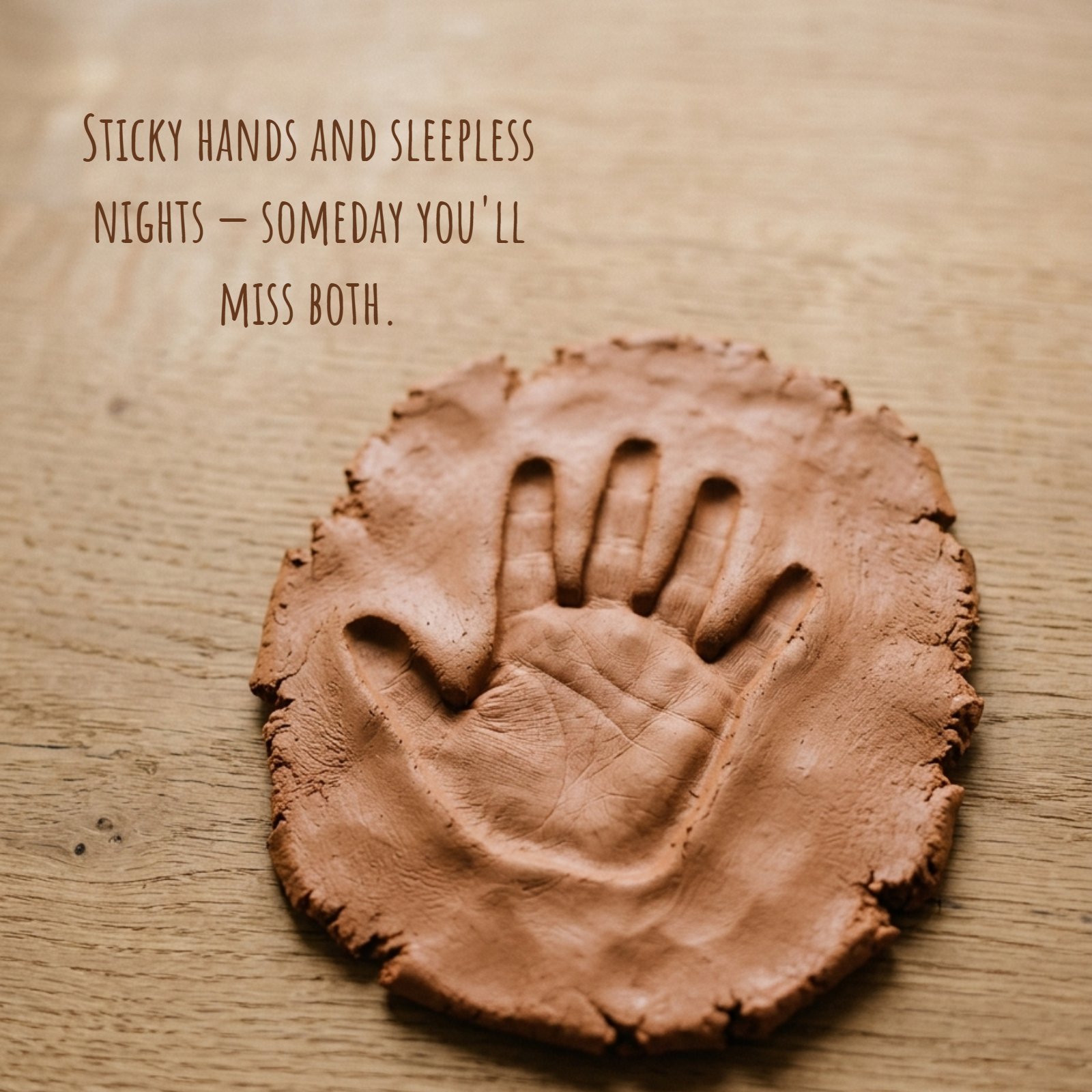 A vertical photograph captures a baby's handprint impressed into terracotta clay, resting on a light wood surface. The text overlay reads, 'Sticky hands and sleepless nights — someday you'll miss both.'