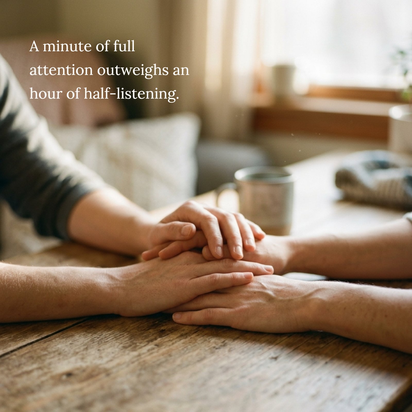 A soft focus close-up photo of two pairs of hands resting together on a wooden table, overlaid with the quote text: A minute of full attention outweighs an hour of half-listening.