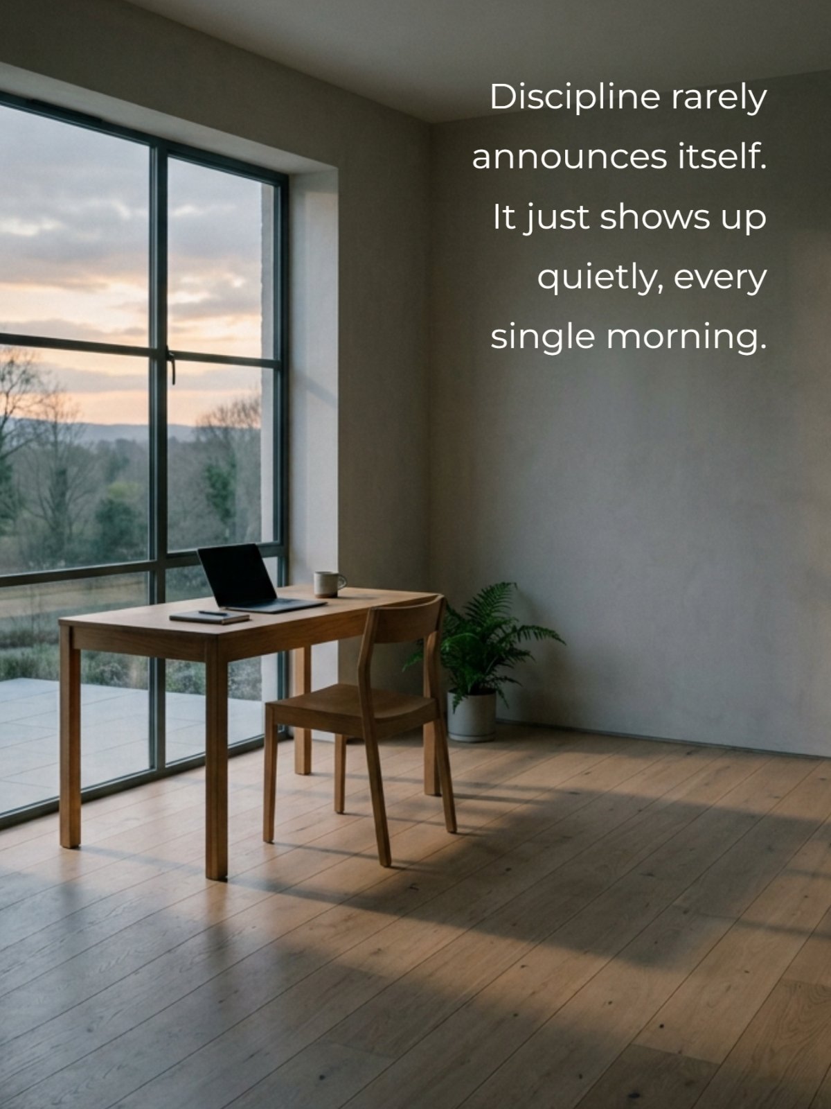 A minimalist photograph of a single wooden desk and chair in a sparse room by a large window at dawn. Long, soft shadows stretch across the wooden floor. The texture is muted grey-beige. The image is designed to hold the text: Discipline rarely announces itself. It just shows up quietly, every single morning.
