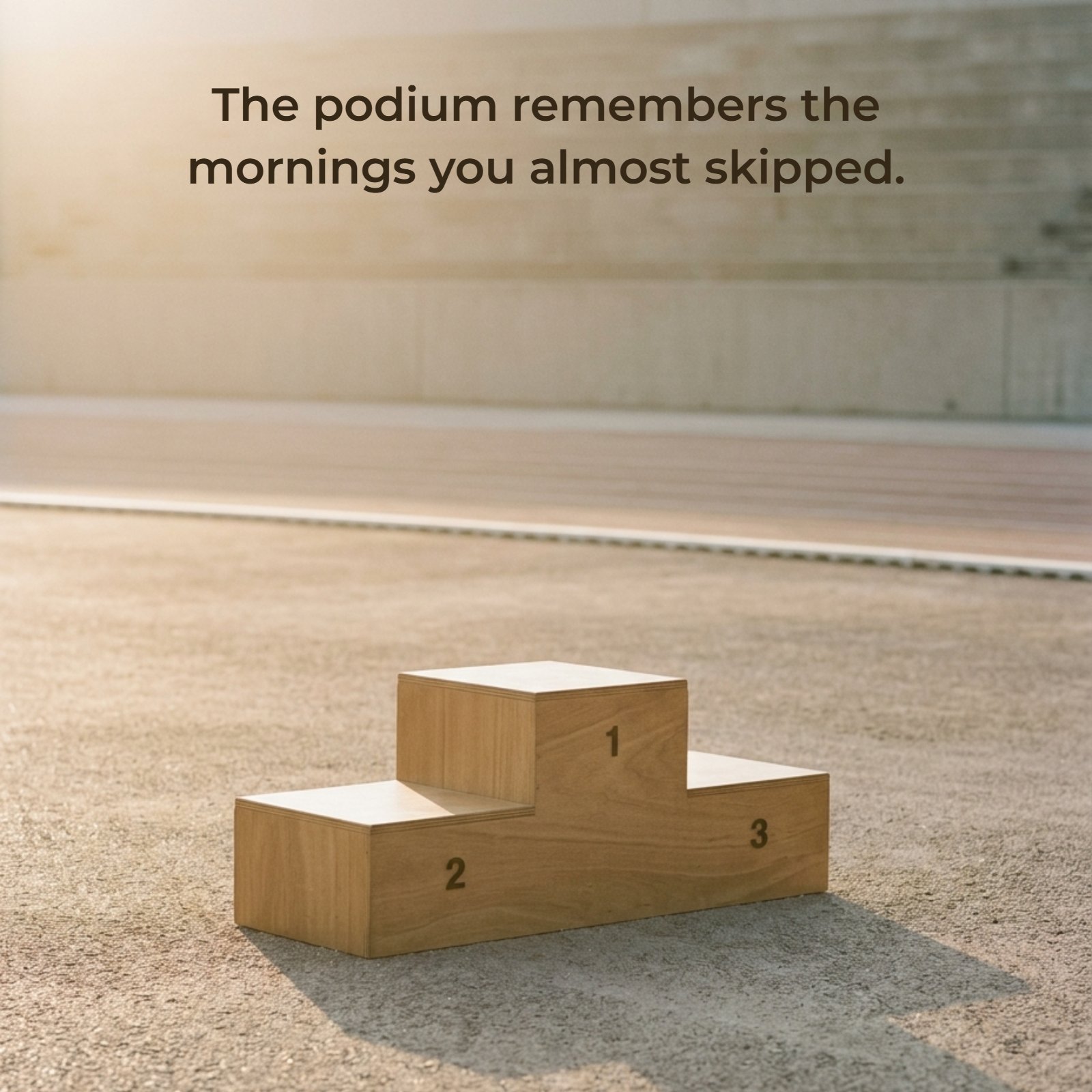 A minimalist photo of an empty wooden athletic podium on a track at sunrise with the quote: The podium remembers the mornings you almost skipped.