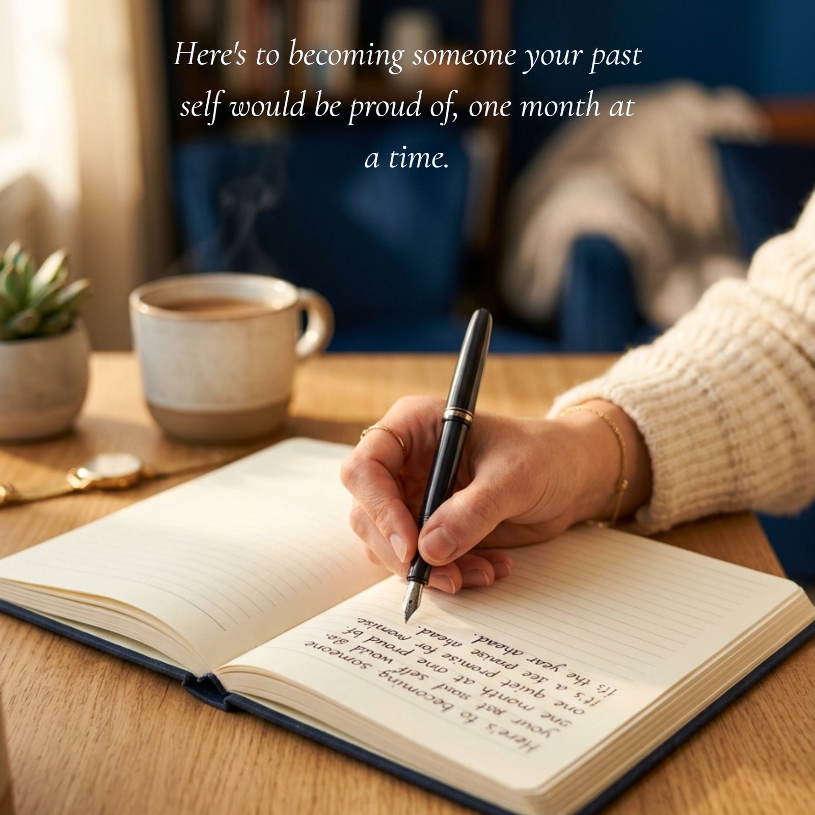 A tender, reflective close-up photo in 1:1 aspect ratio showing a hand writing with a fountain pen in a fresh journal on a wooden desk. Warm golden side light illuminates the scene, and a deep blue blurred background adds mood. The handwritten text on the journal page says, 'Here's to becoming someone your past self would be proud of, one month at a time.'