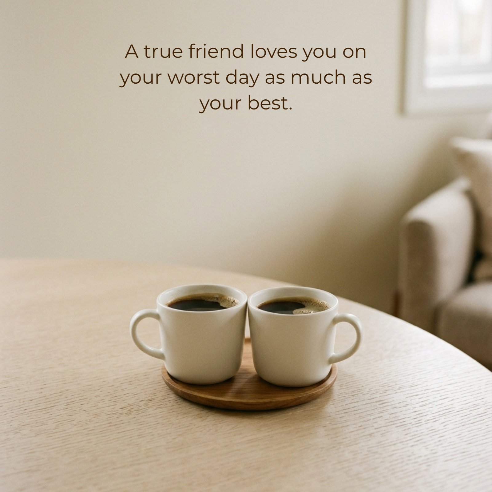 A minimalist photo showing two white coffee cups on a wooden saucer with the text A true friend loves you on your worst day as much as your best. overlaid above them.