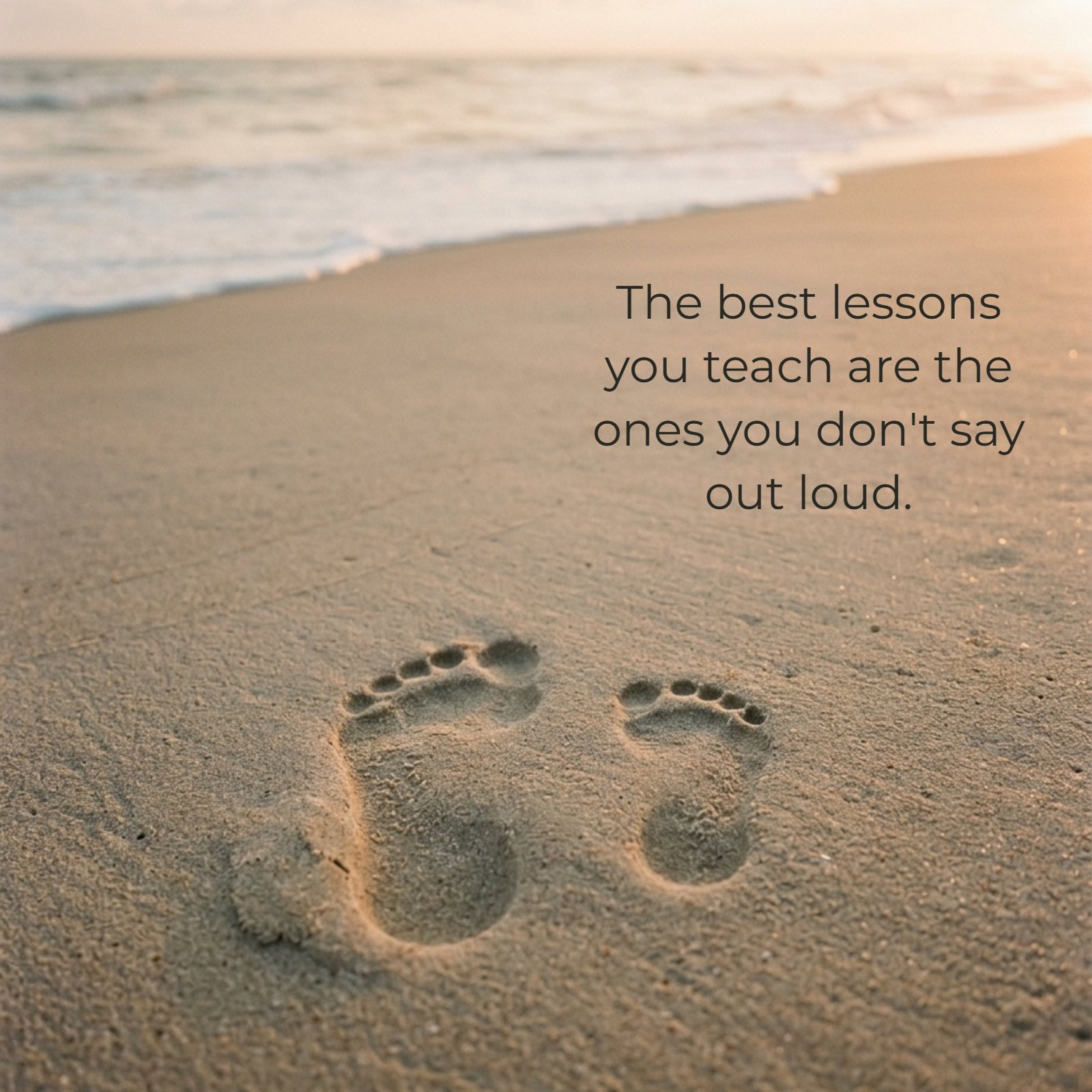 A minimalist photo showing an adult footprint and a child footprint pressed into the sand on a beach with warm sunset light, overlaid with the quote: "The best lessons you teach are the ones you don't say out loud."