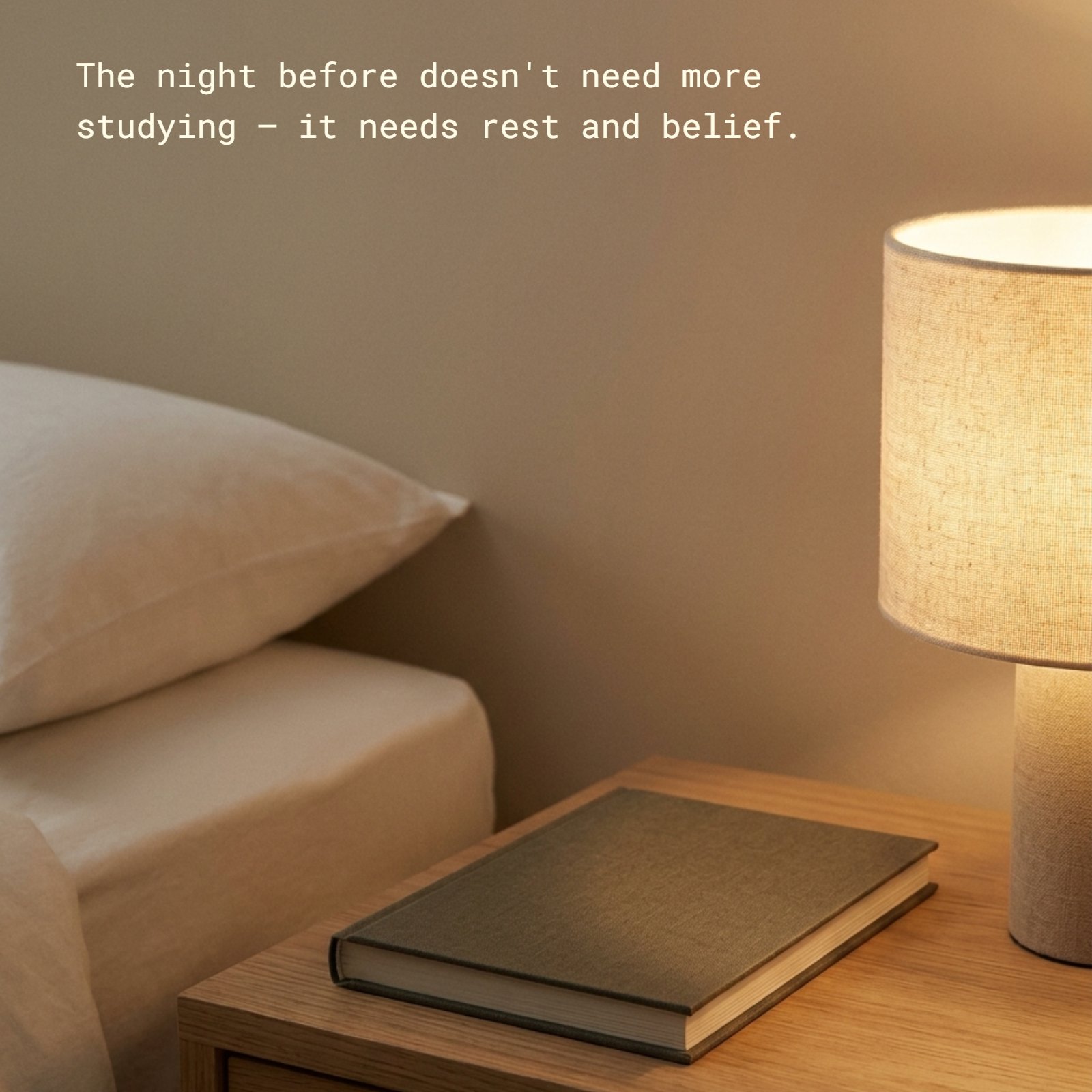 A minimalist photo of a wooden nightstand with a closed hardcover book and a lit bedside lamp with a fabric shade. The atmosphere is calm and warm. Superimposed text on the adjacent blank wall reads, 'The night before doesn't need more studying — it needs rest and belief.'
