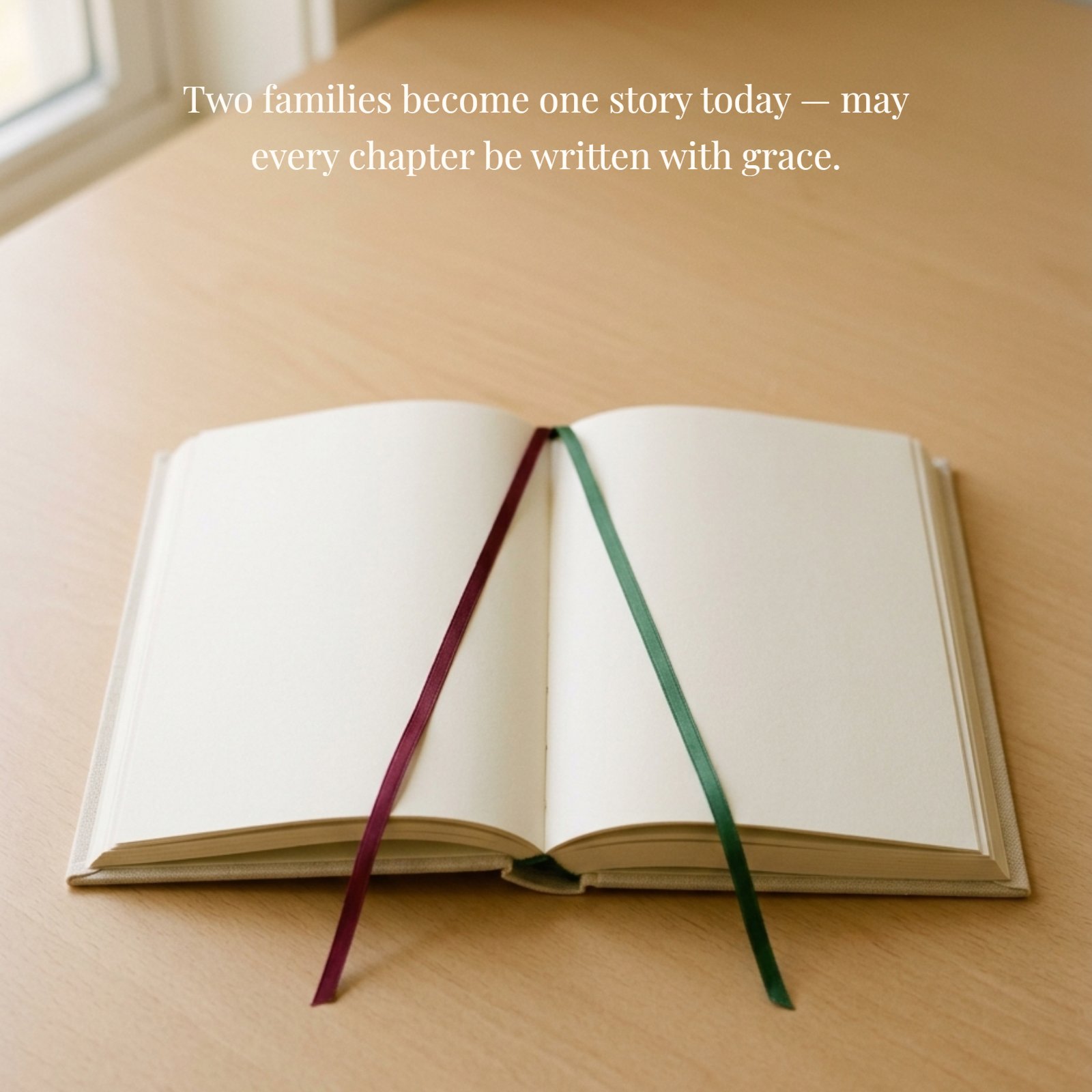 Minimalist image of an open book with two ribbons on a warm wood desk, overlayed with the quote: Two families become one story today — may every chapter be written with grace.