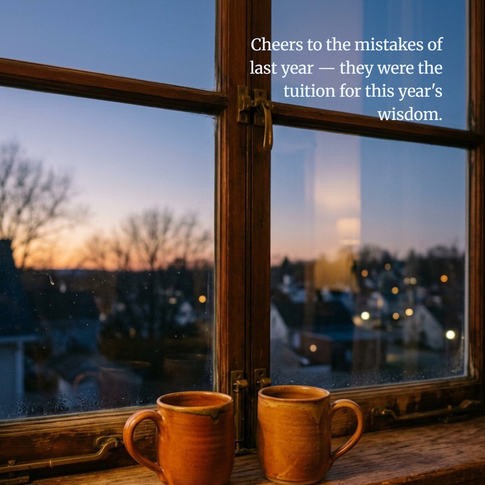 A warm-toned photograph of two ceramic mugs on a rustic wooden windowsill at dusk, looking out at a twilight sky. The inspirational New Year quote "Cheers to the mistakes of last year — they were the tuition for this year's wisdom." is overlaid in elegant typography.