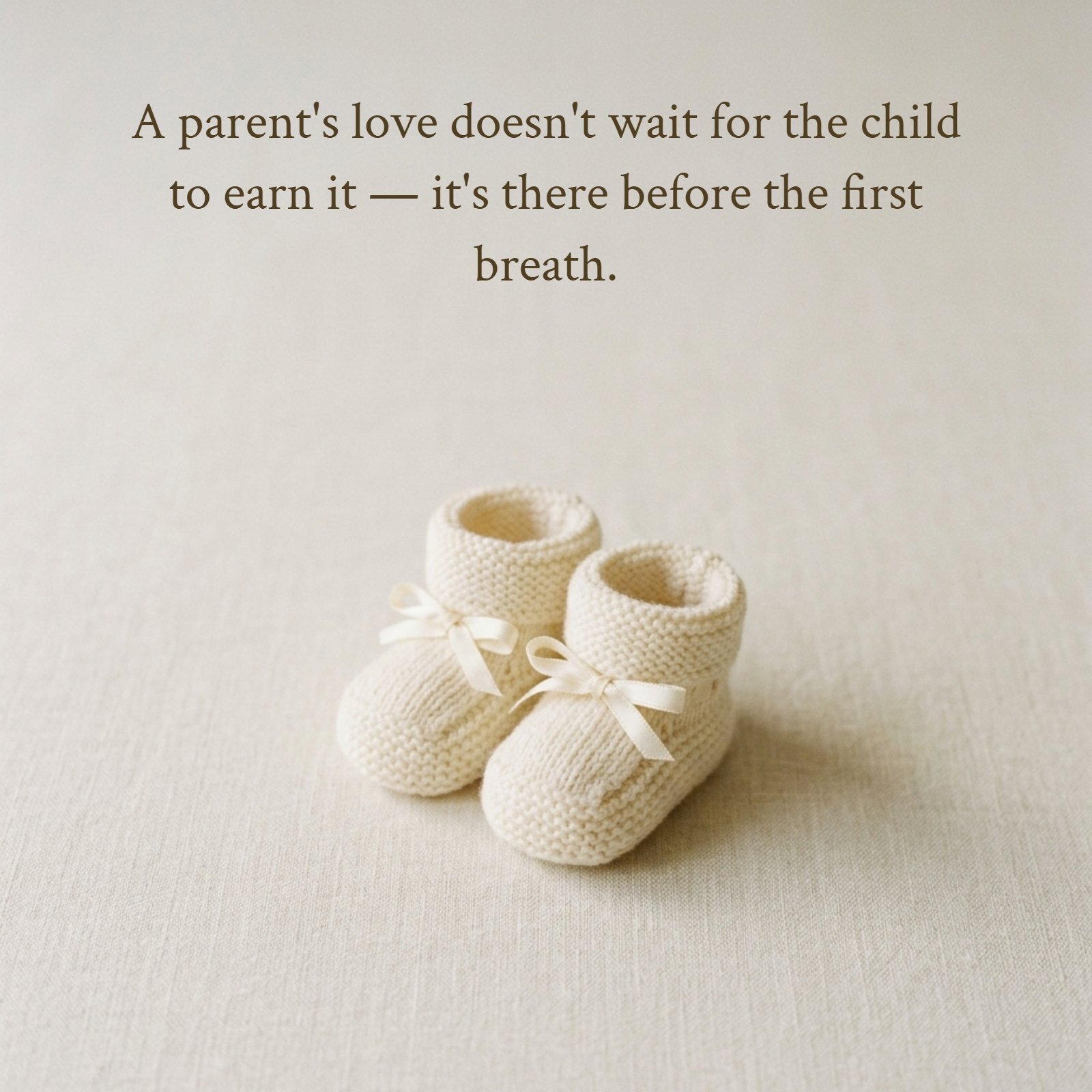 A minimalist, warm-lit photograph of a pair of tiny knitted white baby booties resting on a soft texture, featuring the text overlay: 'A parent's love doesn't wait for the child to earn it — it's there before the first breath.'