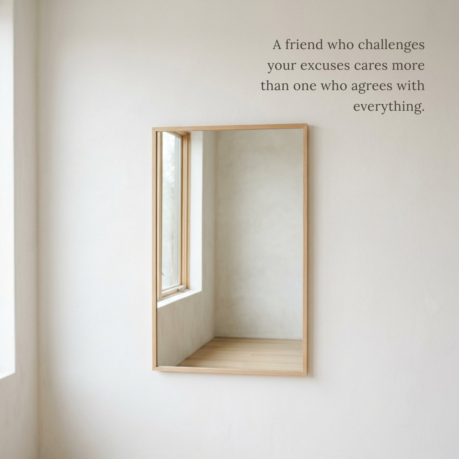 A minimalist photo of a single mirror reflecting natural light in a plain room with clear negative space, illustrating the quote 'A friend who challenges your excuses cares more than one who agrees with everything.'
