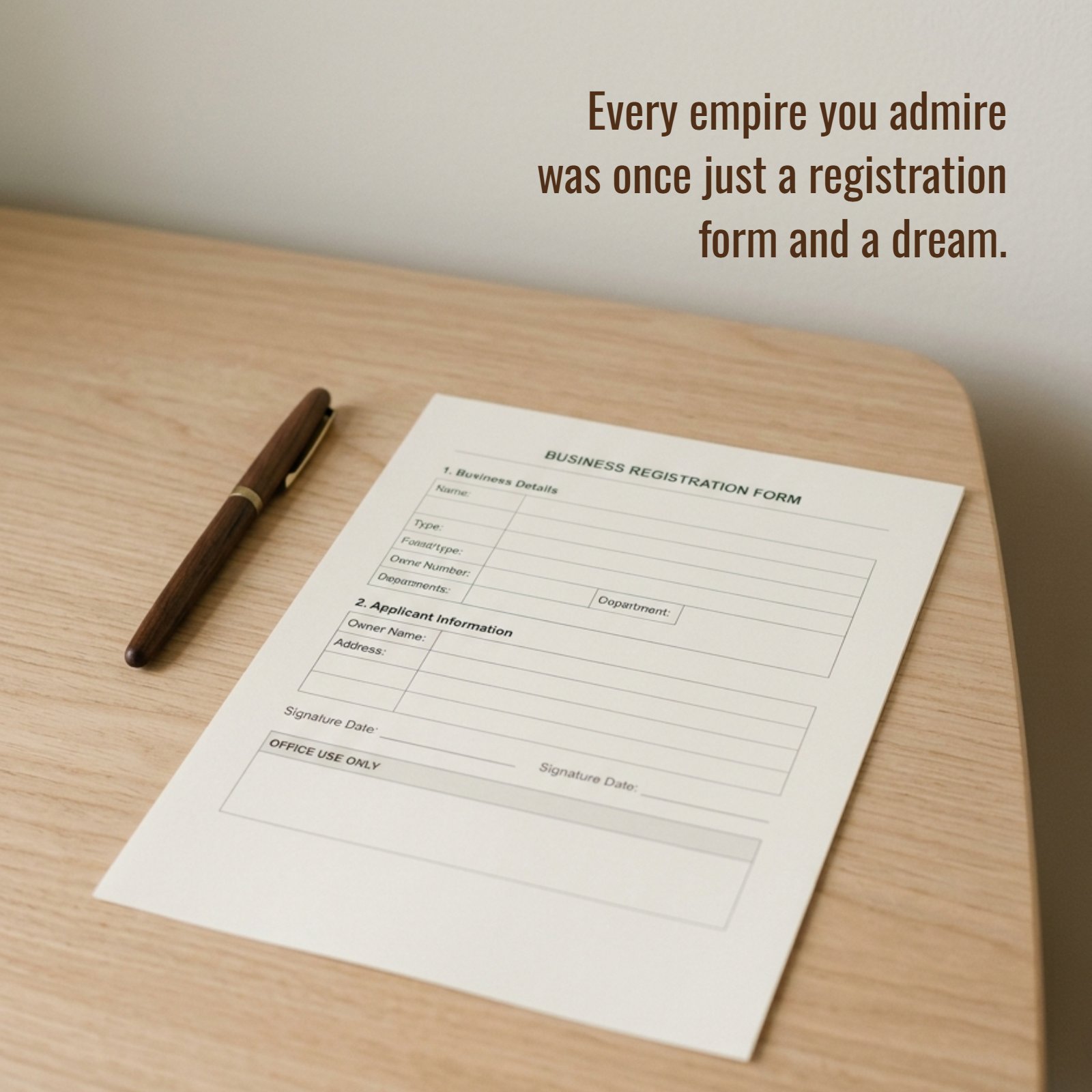 Minimalist image of a business registration form and pen on a wooden desk, overlaid with the text, Every empire you admire was once just a registration form and a dream.