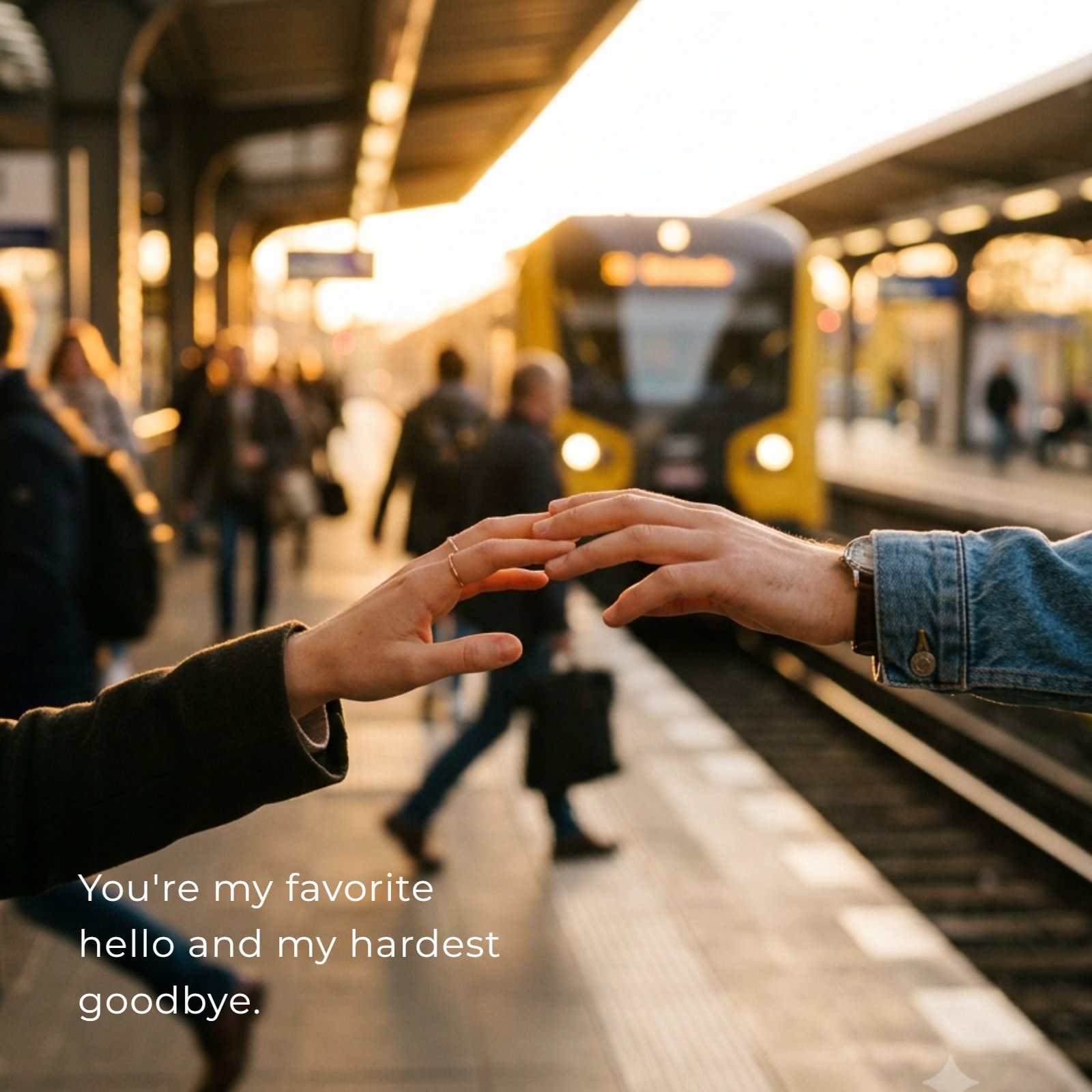 A photo from the perspective of two people whose hands are nearly touching on a bustling train station platform during a warm, golden sunset. The couple's quote "You're my favorite hello and my hardest goodbye" is overlayed in clean, white typography above the hands.